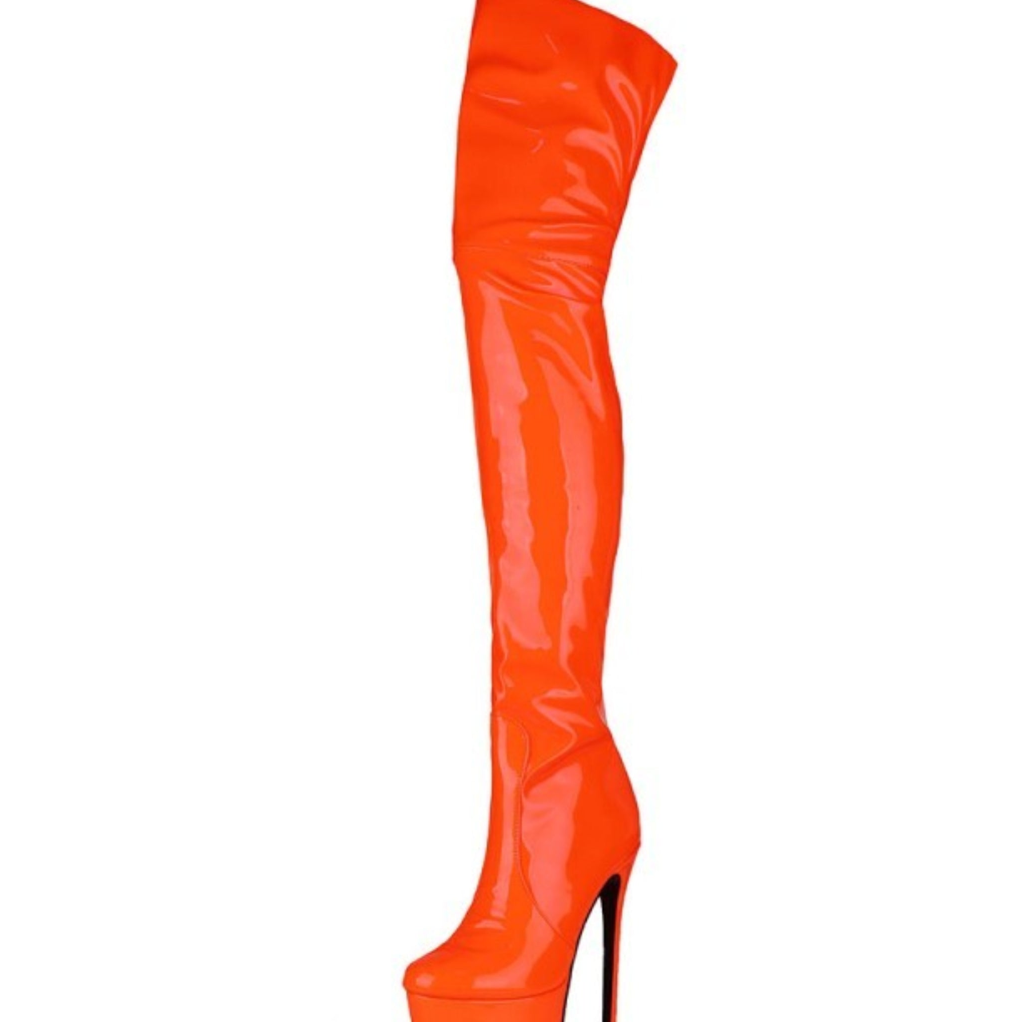 Orange Patent Leather Thigh-High Boots with Heels
