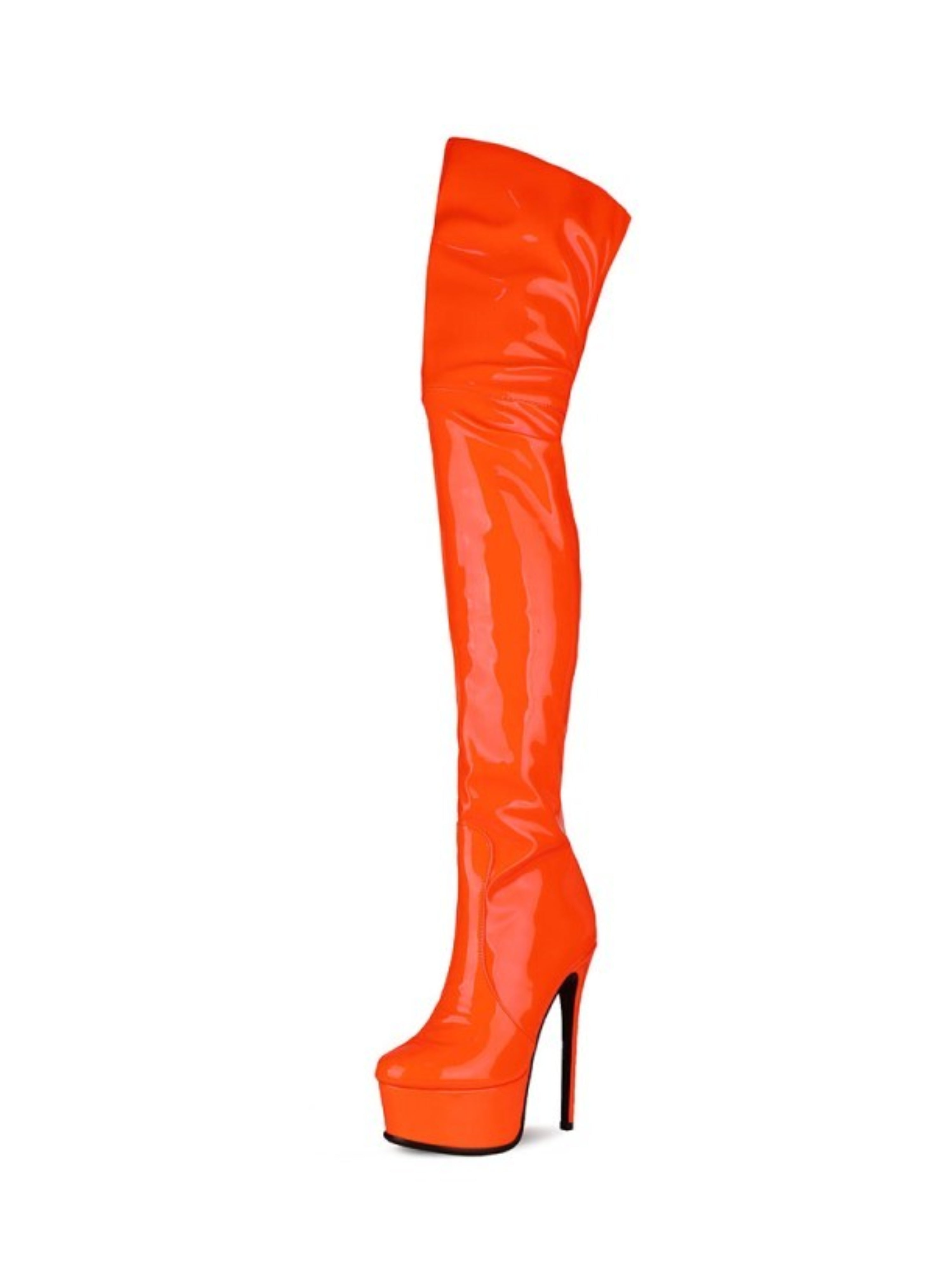 Orange Patent Leather Thigh-High Boots with Heels