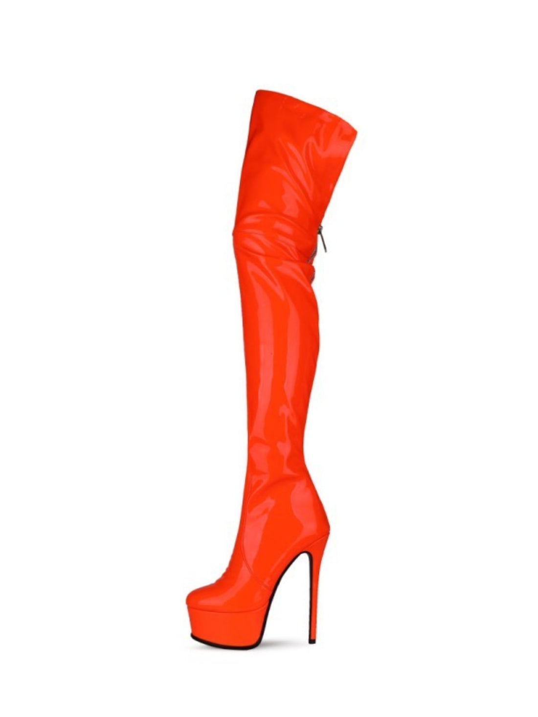 Orange Patent Leather Thigh-High Boots with Heels