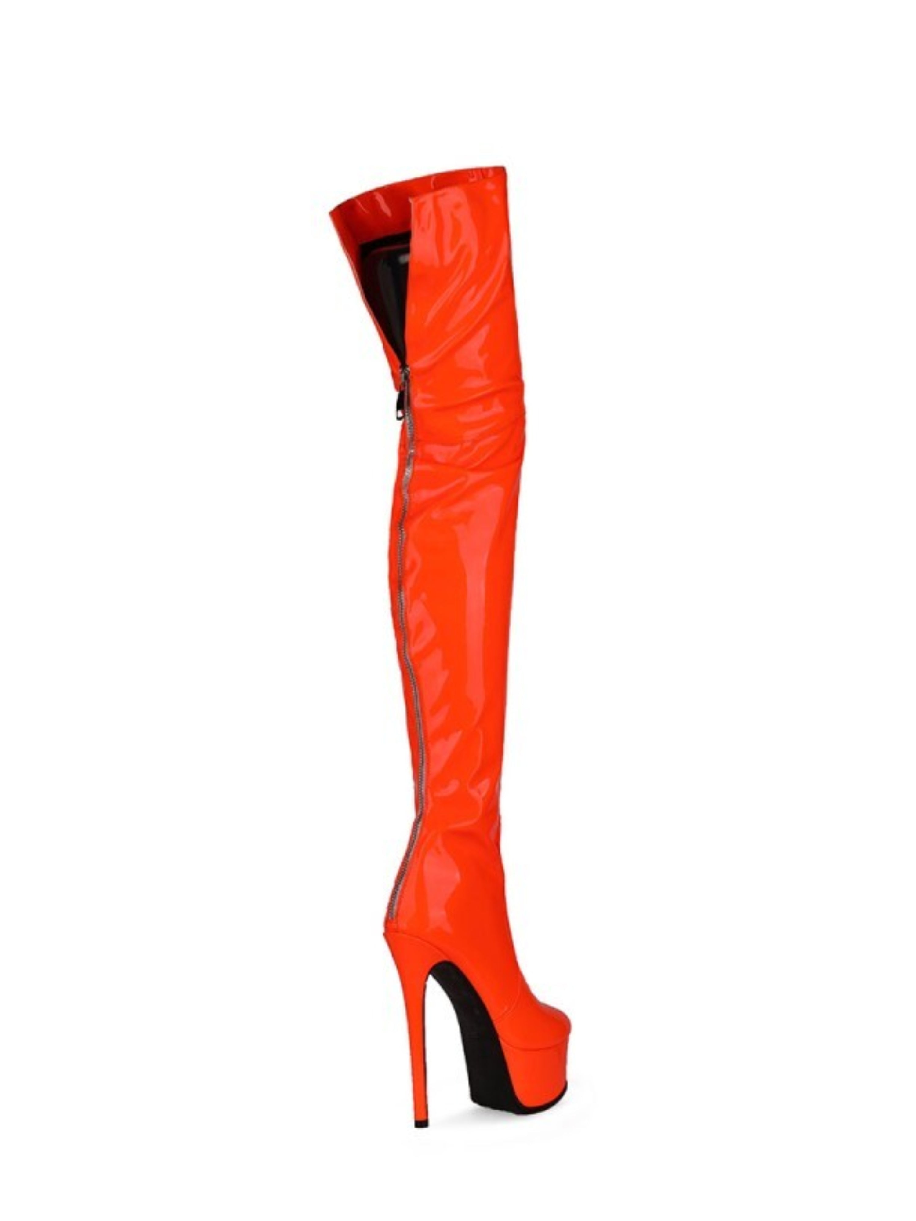 Orange Patent Leather Thigh-High Boots with Heels