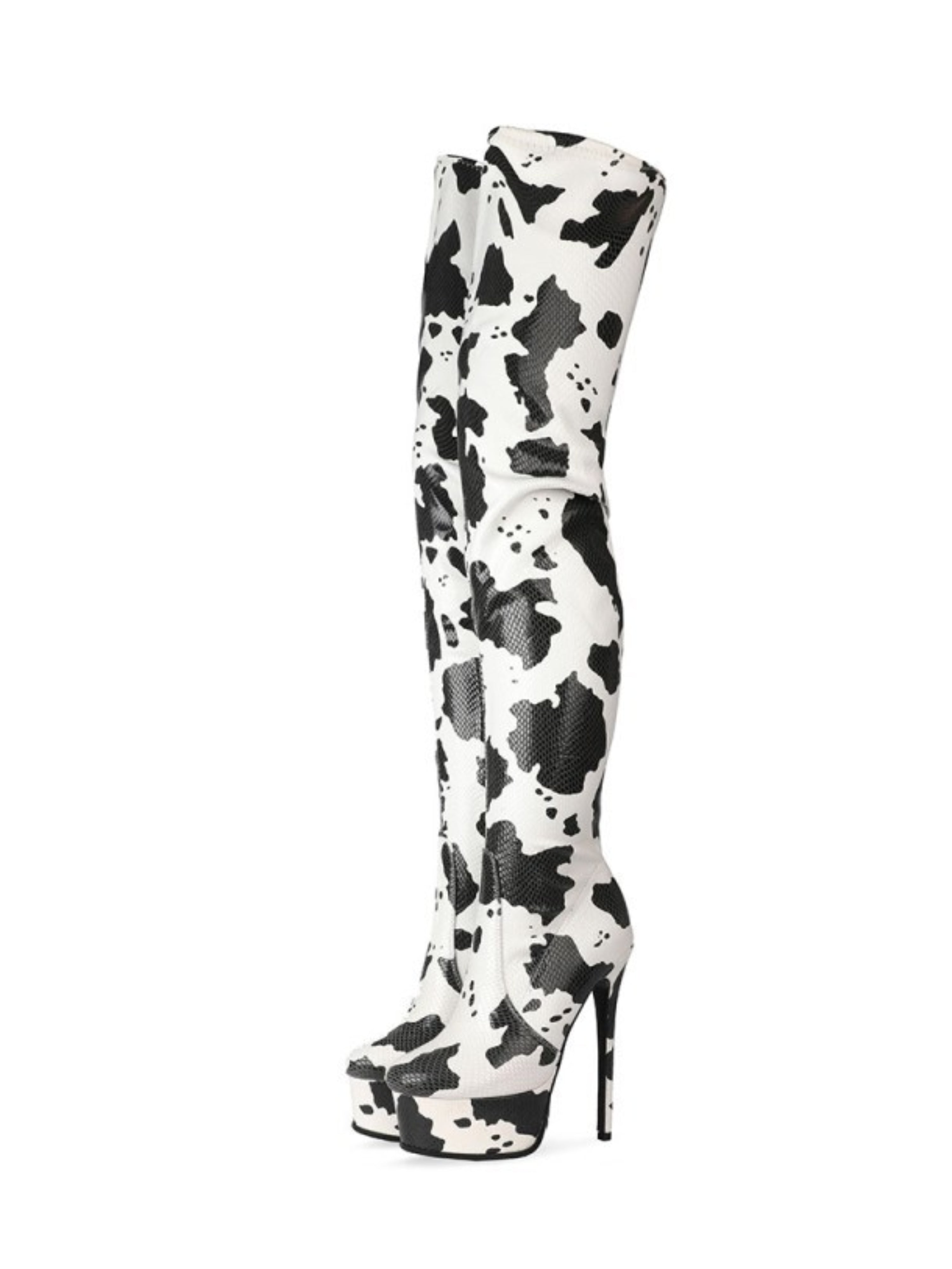 Black and White Cow Print Platform Thigh-High Boots