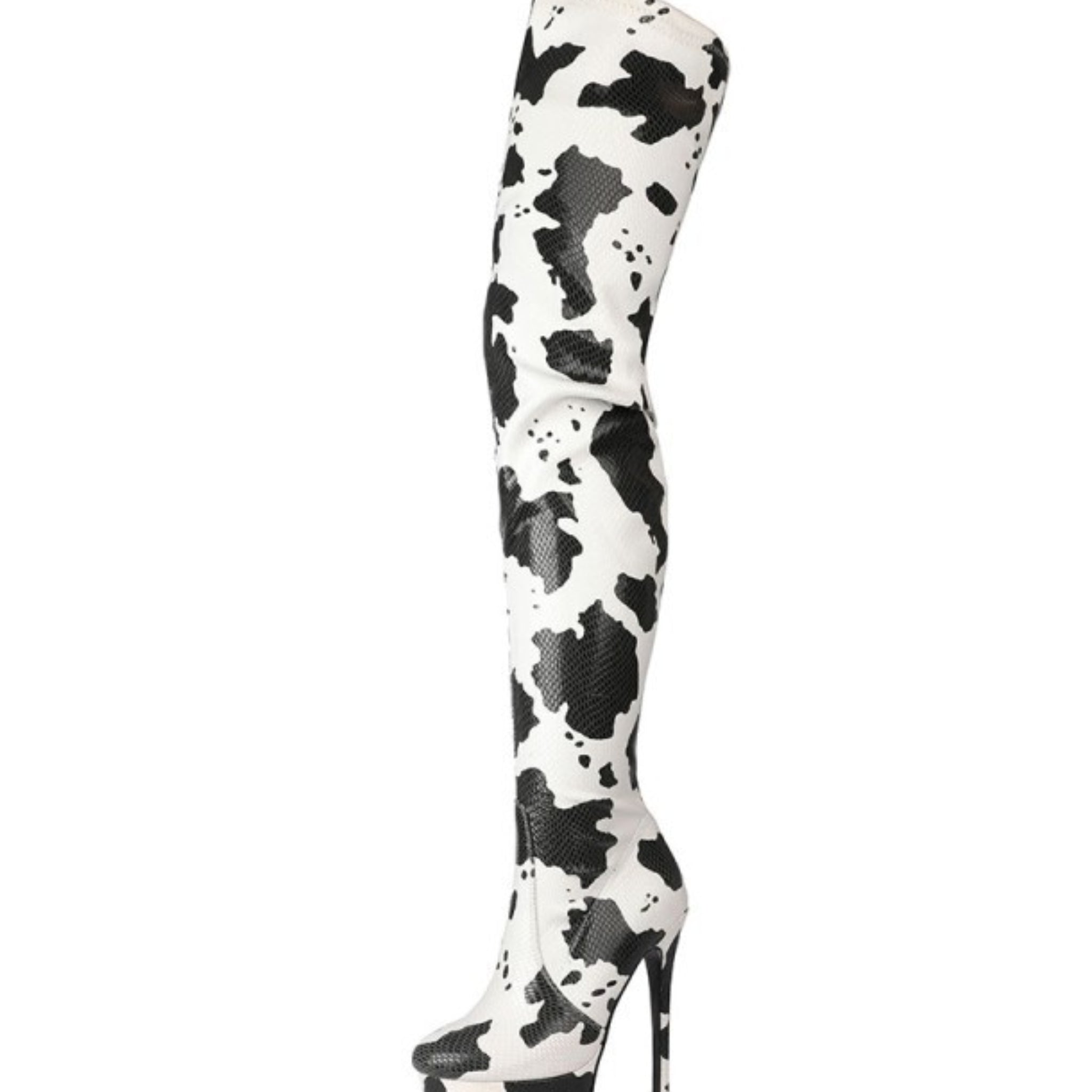 Black and White Cow Print Platform Thigh-High Boots