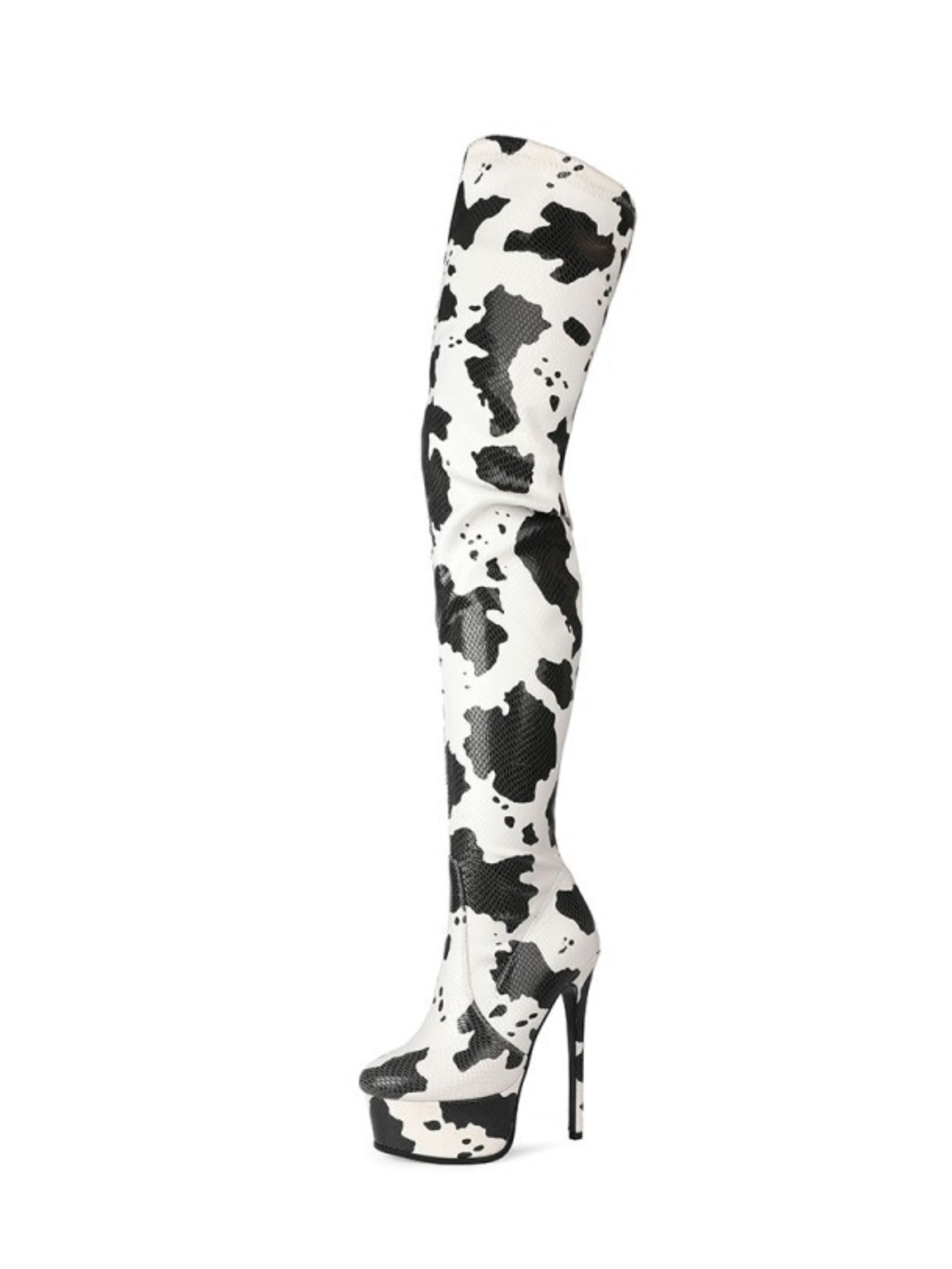 Black and White Cow Print Platform Thigh-High Boots