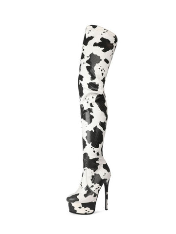 Black and White Cow Print Platform Thigh-High Boots