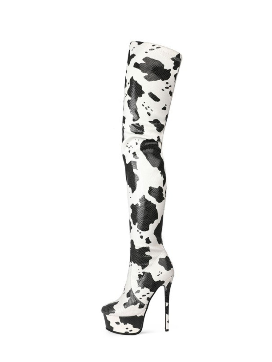 Black and White Cow Print Platform Thigh-High Boots