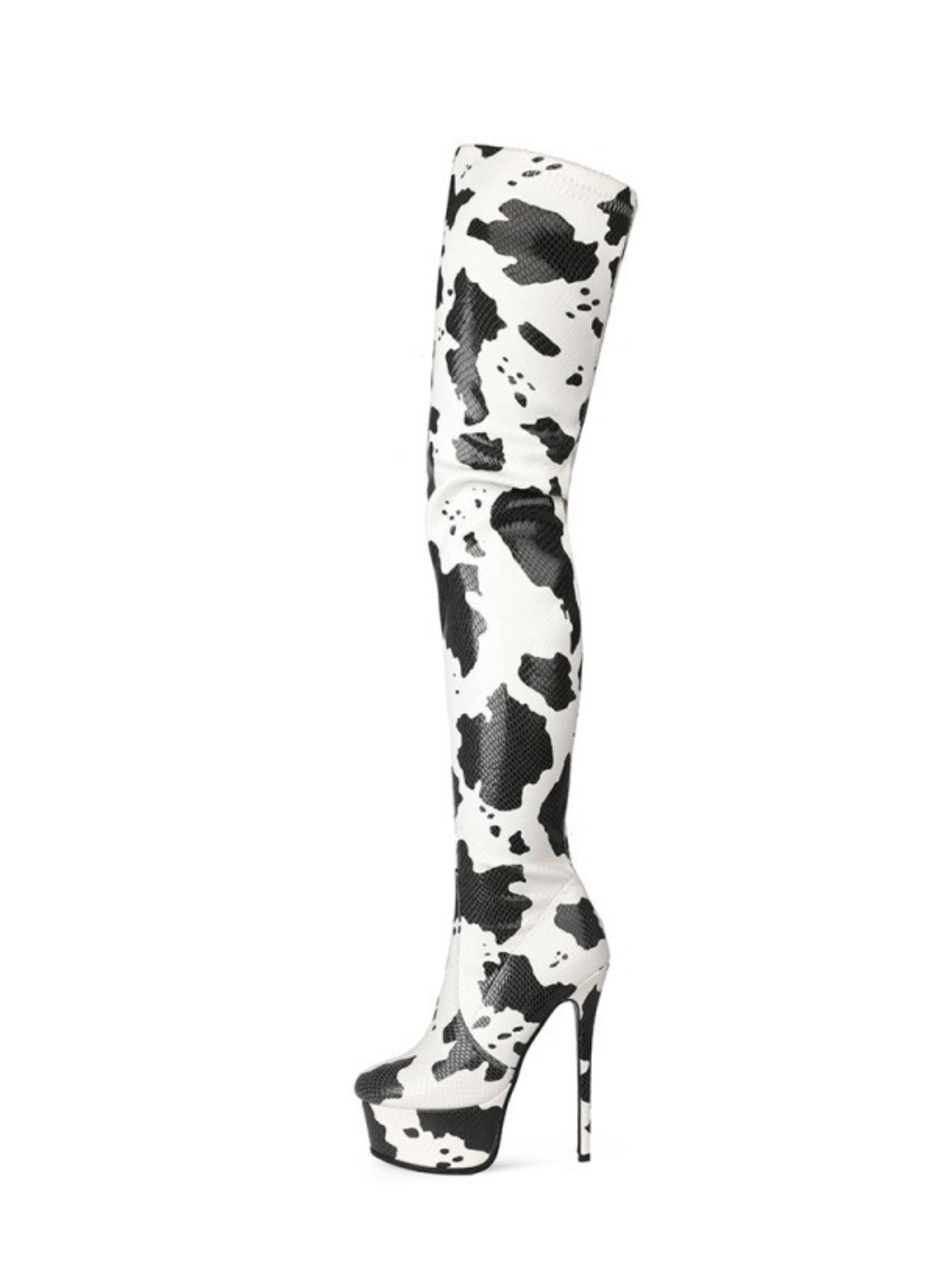 Black and White Cow Print Platform Thigh-High Boots