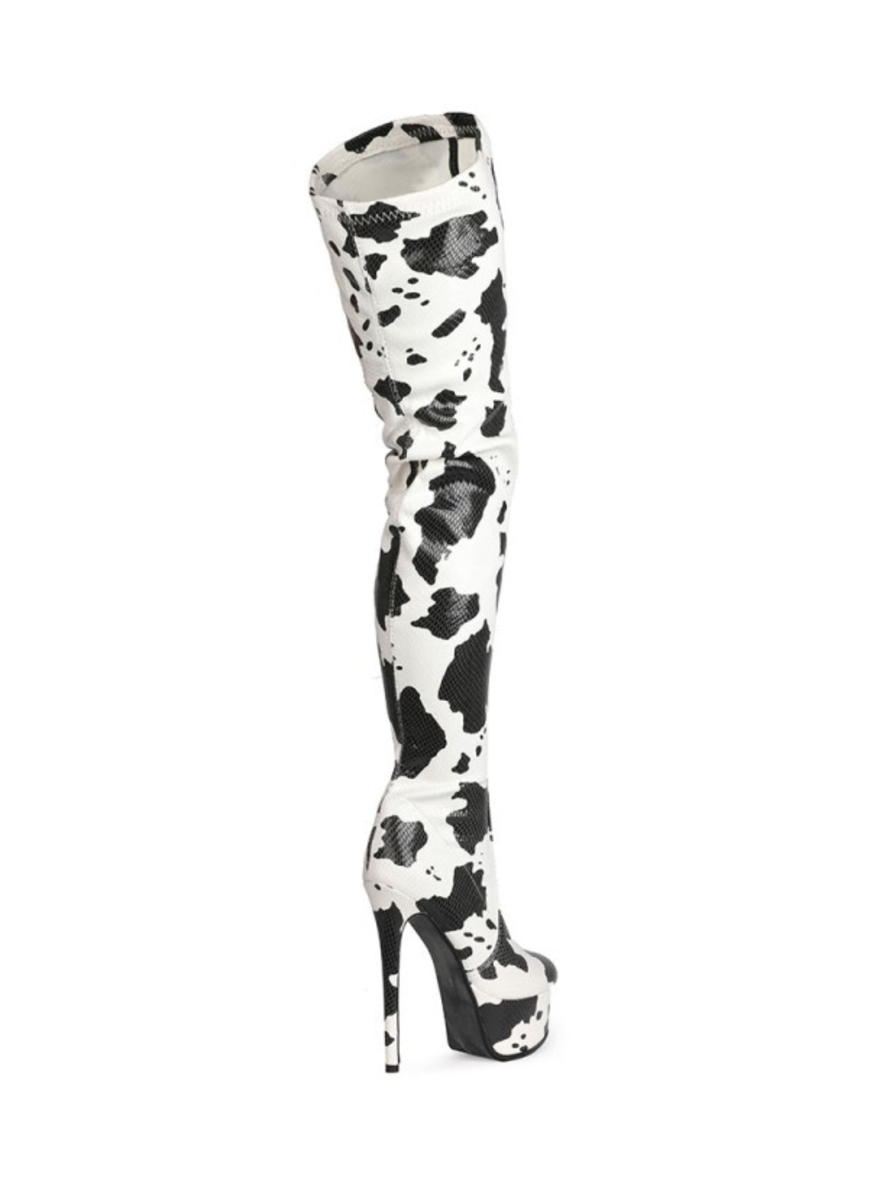 Black and White Cow Print Platform Thigh-High Boots