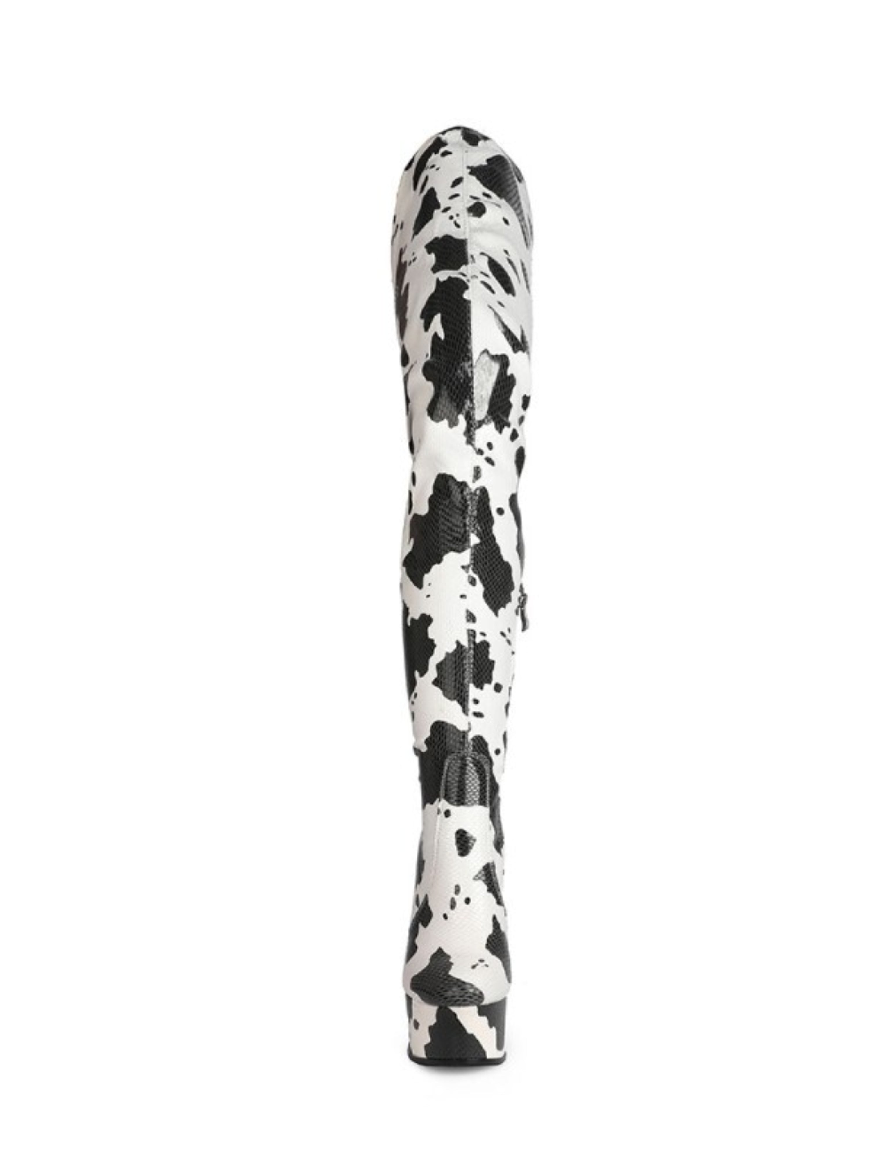 Black and White Cow Print Platform Thigh-High Boots