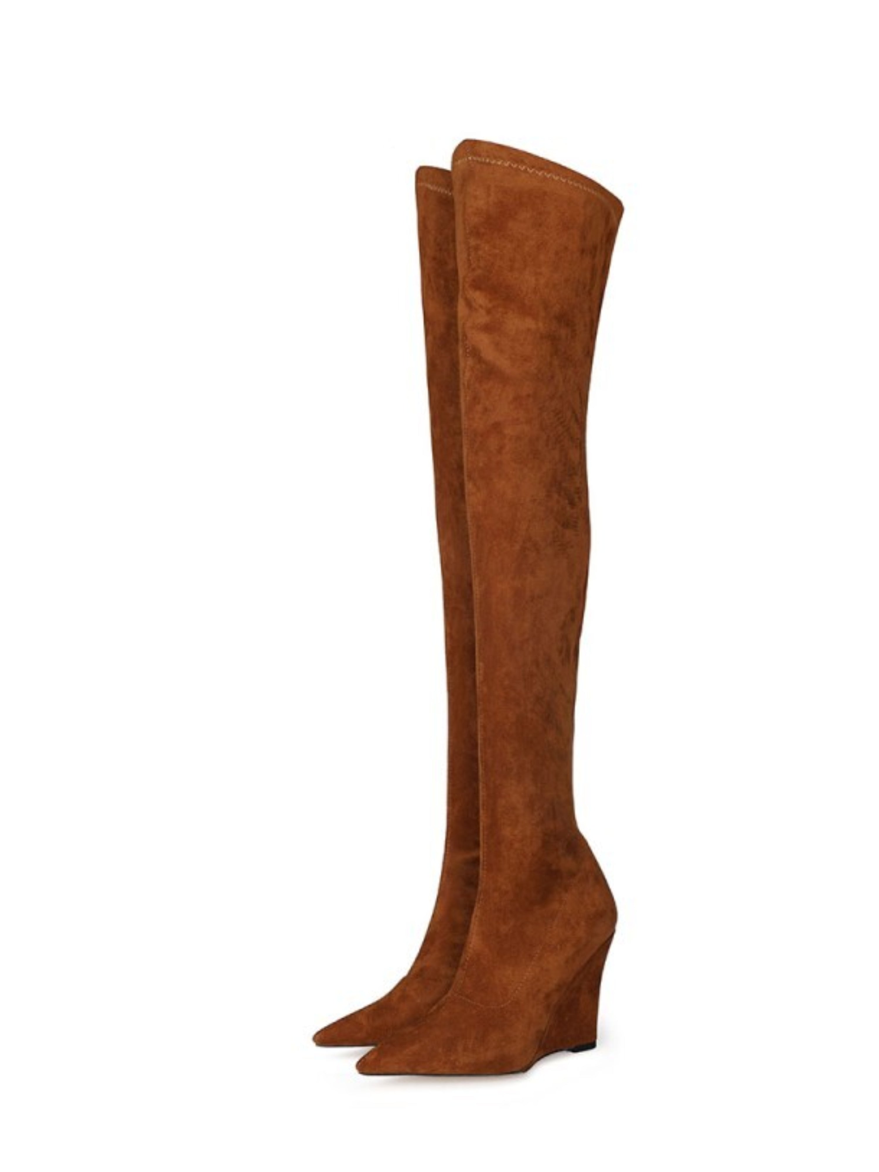 Brown Faux Suede Heeled Thigh-High Boots Women