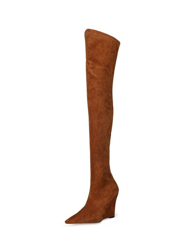 Brown Faux Suede Heeled Thigh-High Boots Women