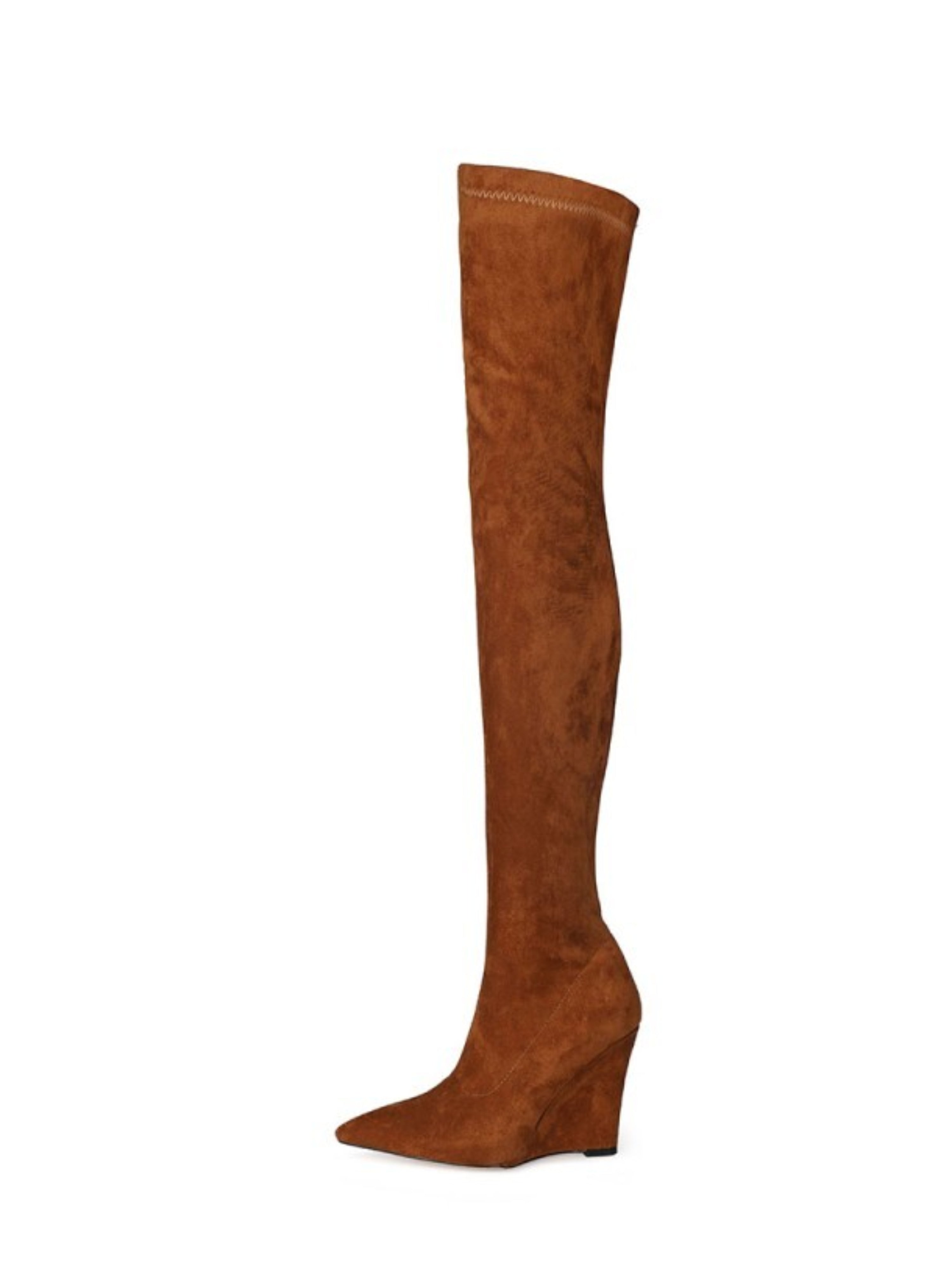 Brown Faux Suede Heeled Thigh-High Boots Women