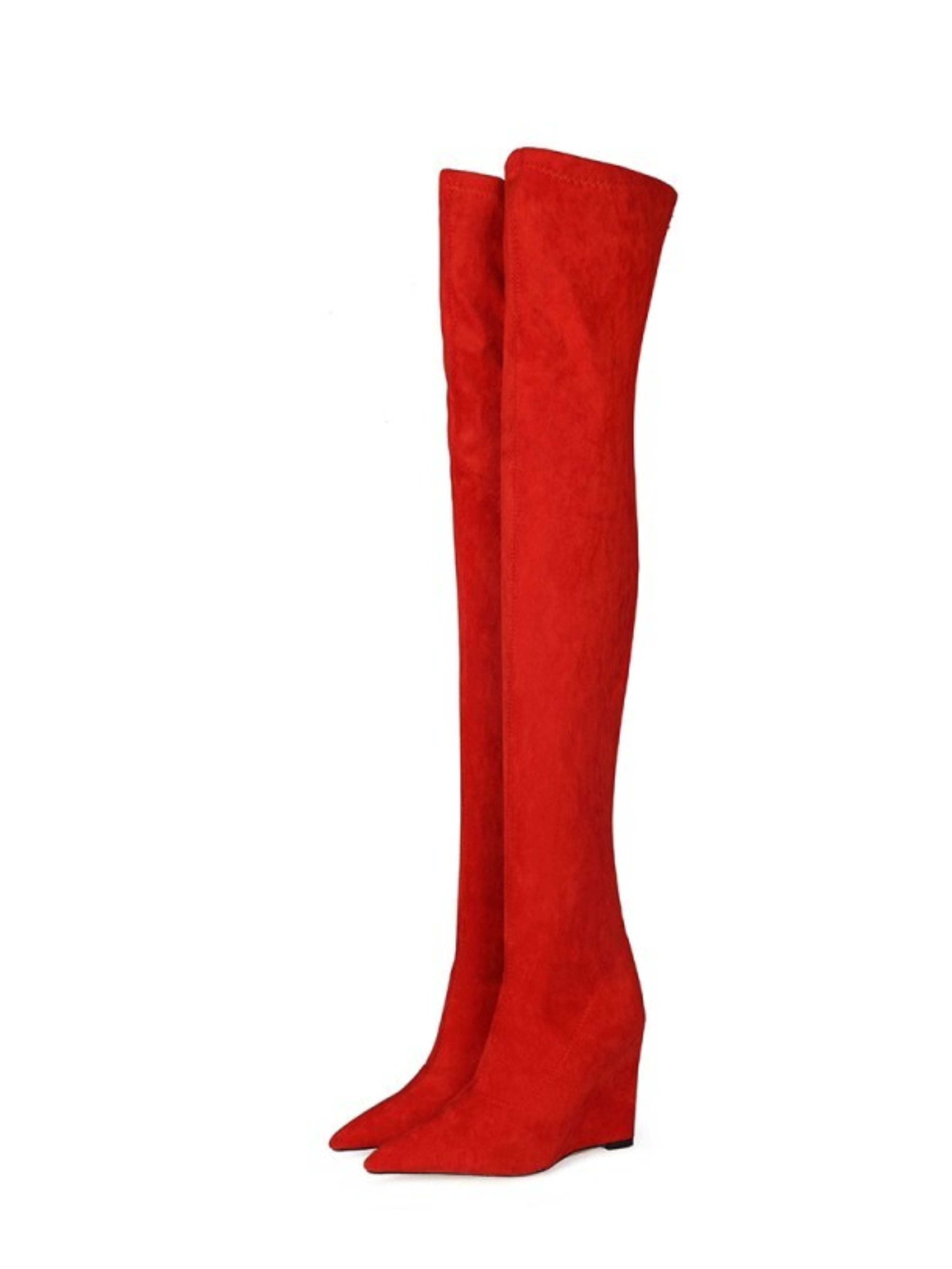 Scarlet Red Pointed Toe Thigh-High Boots with Wedge Heels