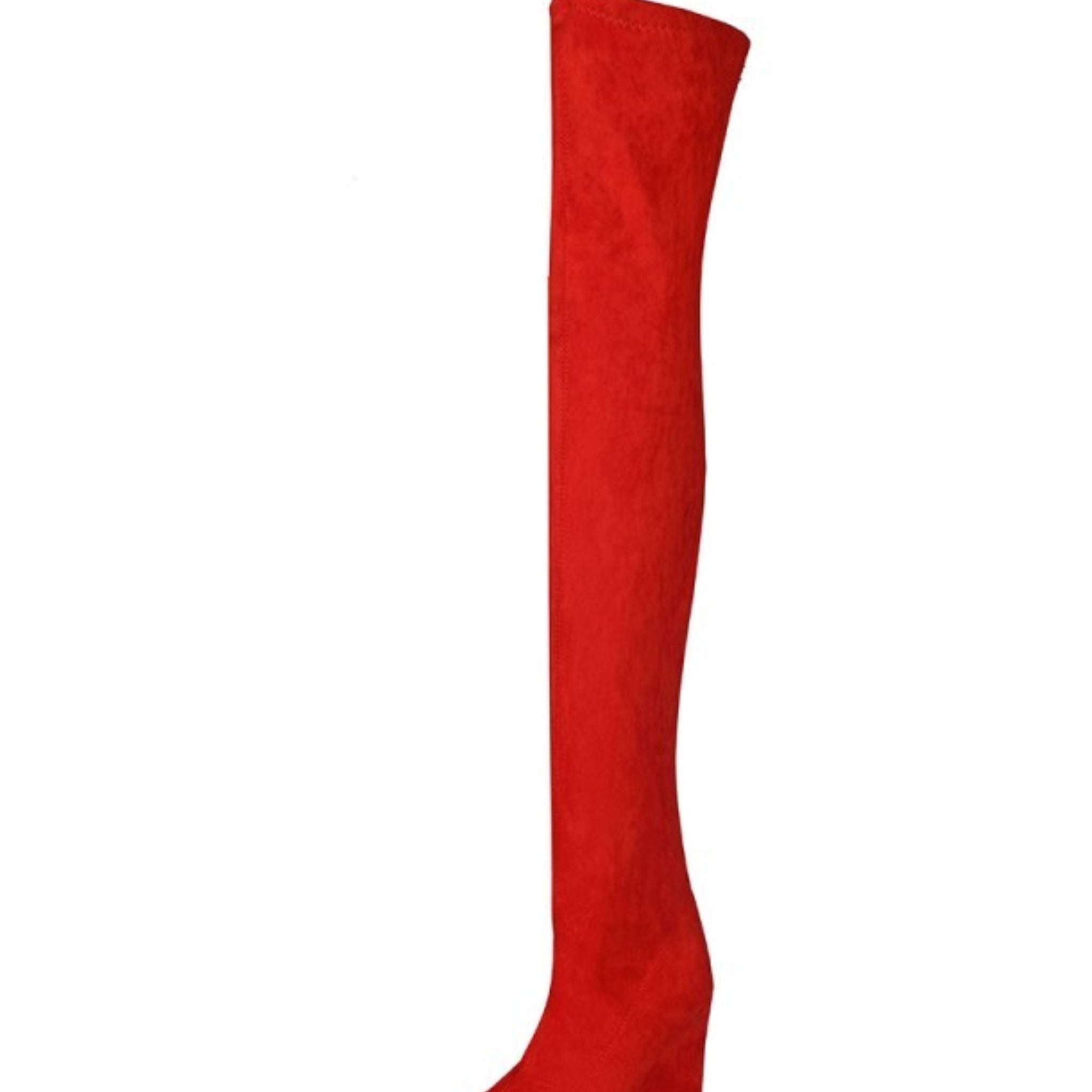 Scarlet Red Pointed Toe Thigh-High Boots with Wedge Heels