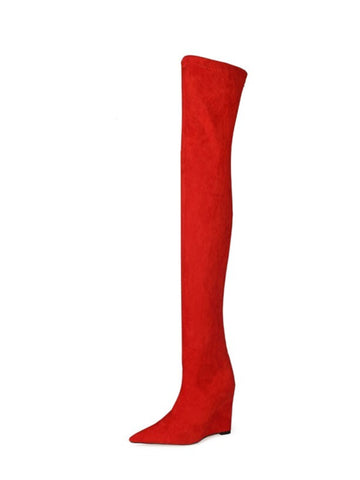 Scarlet Red Pointed Toe Thigh-High Boots with Wedge Heels