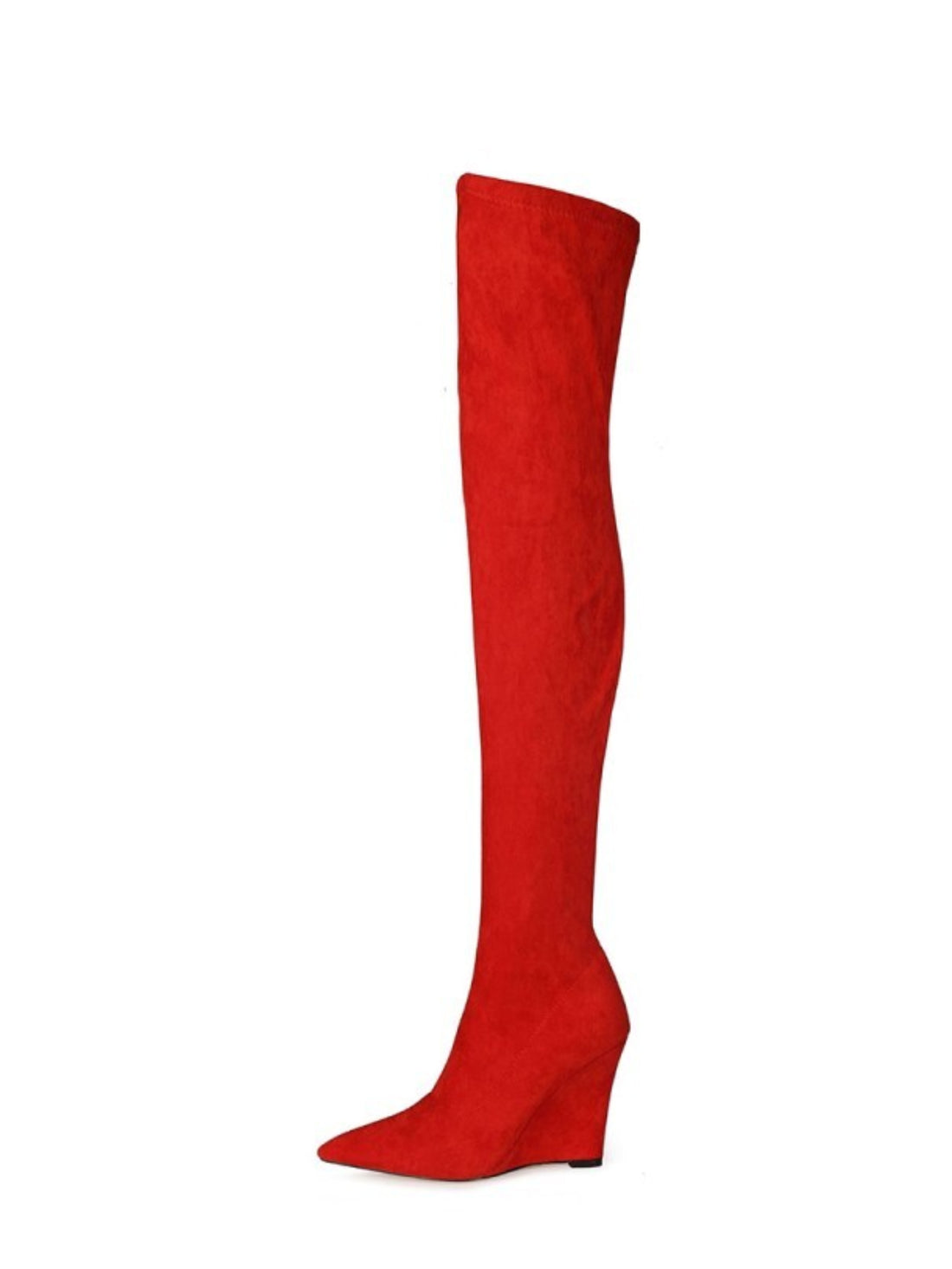 Scarlet Red Pointed Toe Thigh-High Boots with Wedge Heels