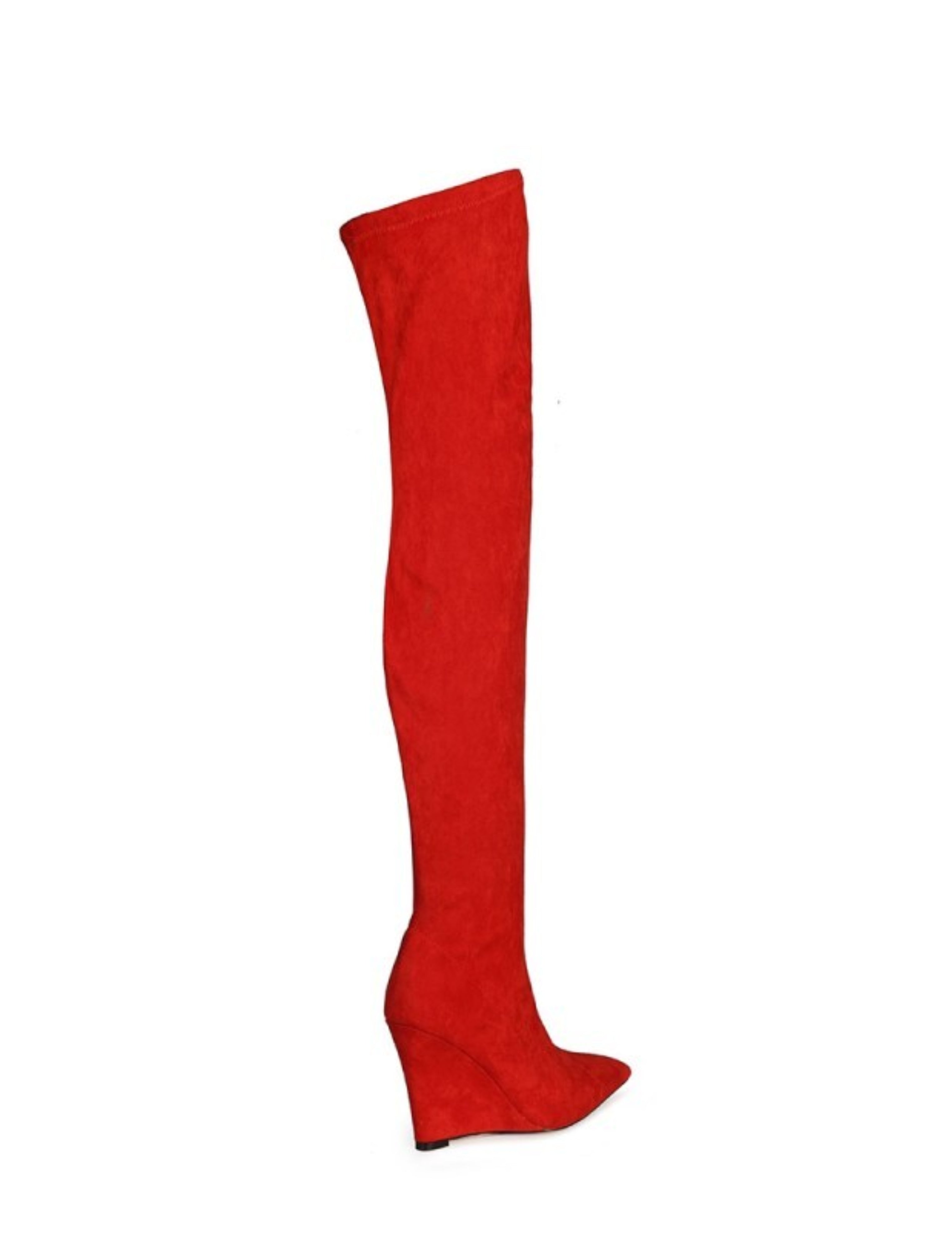 Scarlet Red Pointed Toe Thigh-High Boots with Wedge Heels
