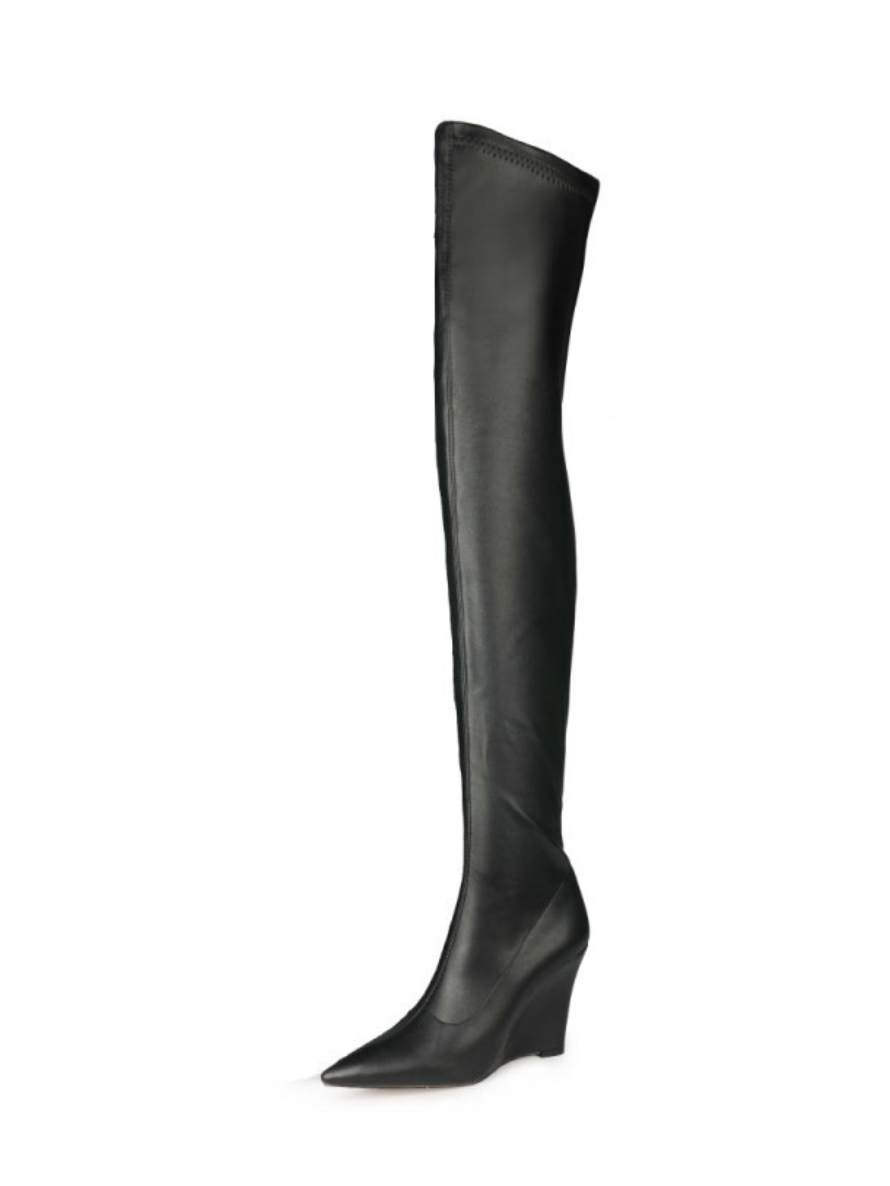 Black Pointed Toe Wedge Thigh-High Boots