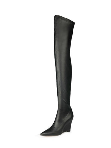 Black Pointed Toe Wedge Thigh-High Boots