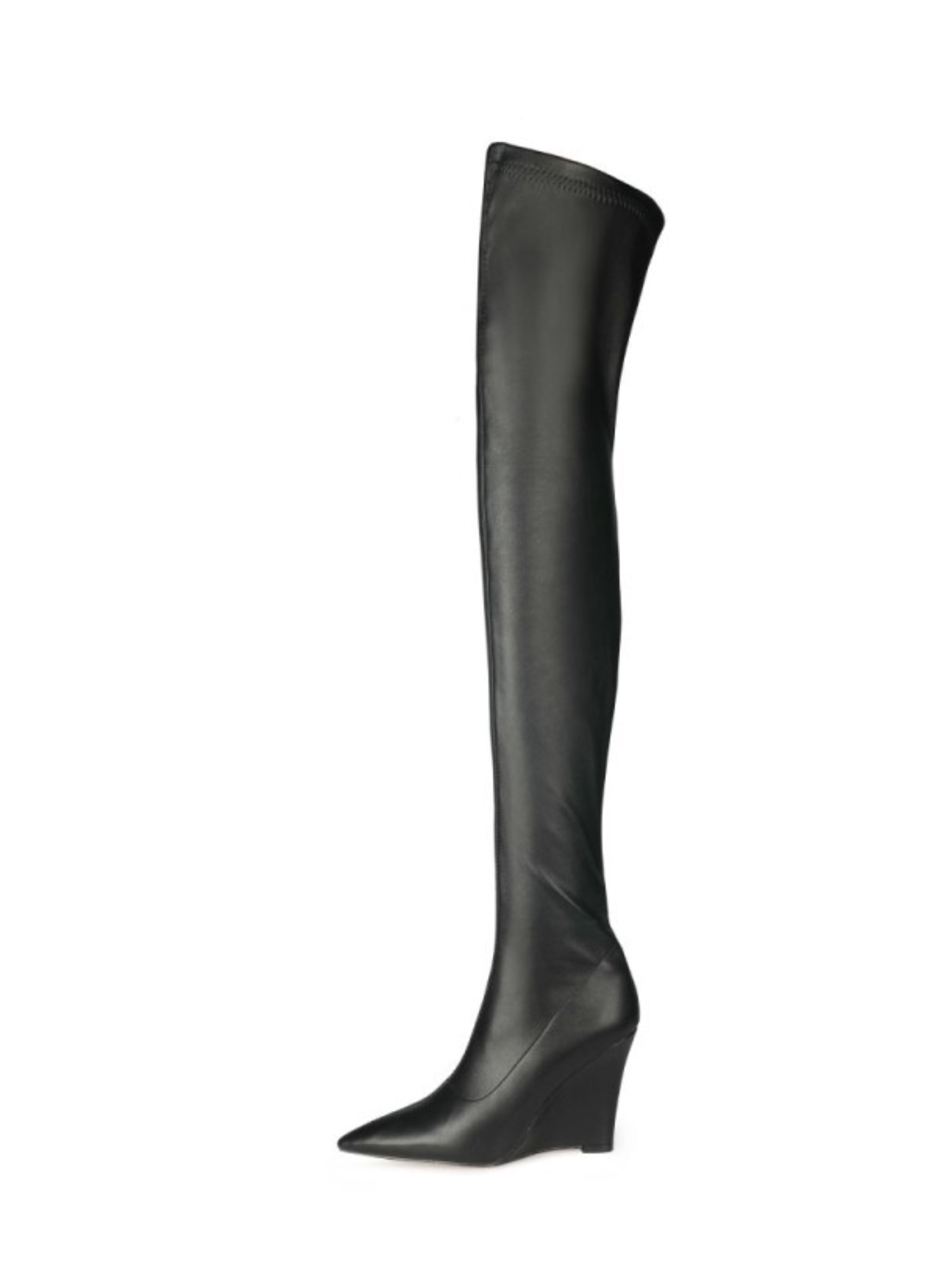 Black Pointed Toe Wedge Thigh-High Boots
