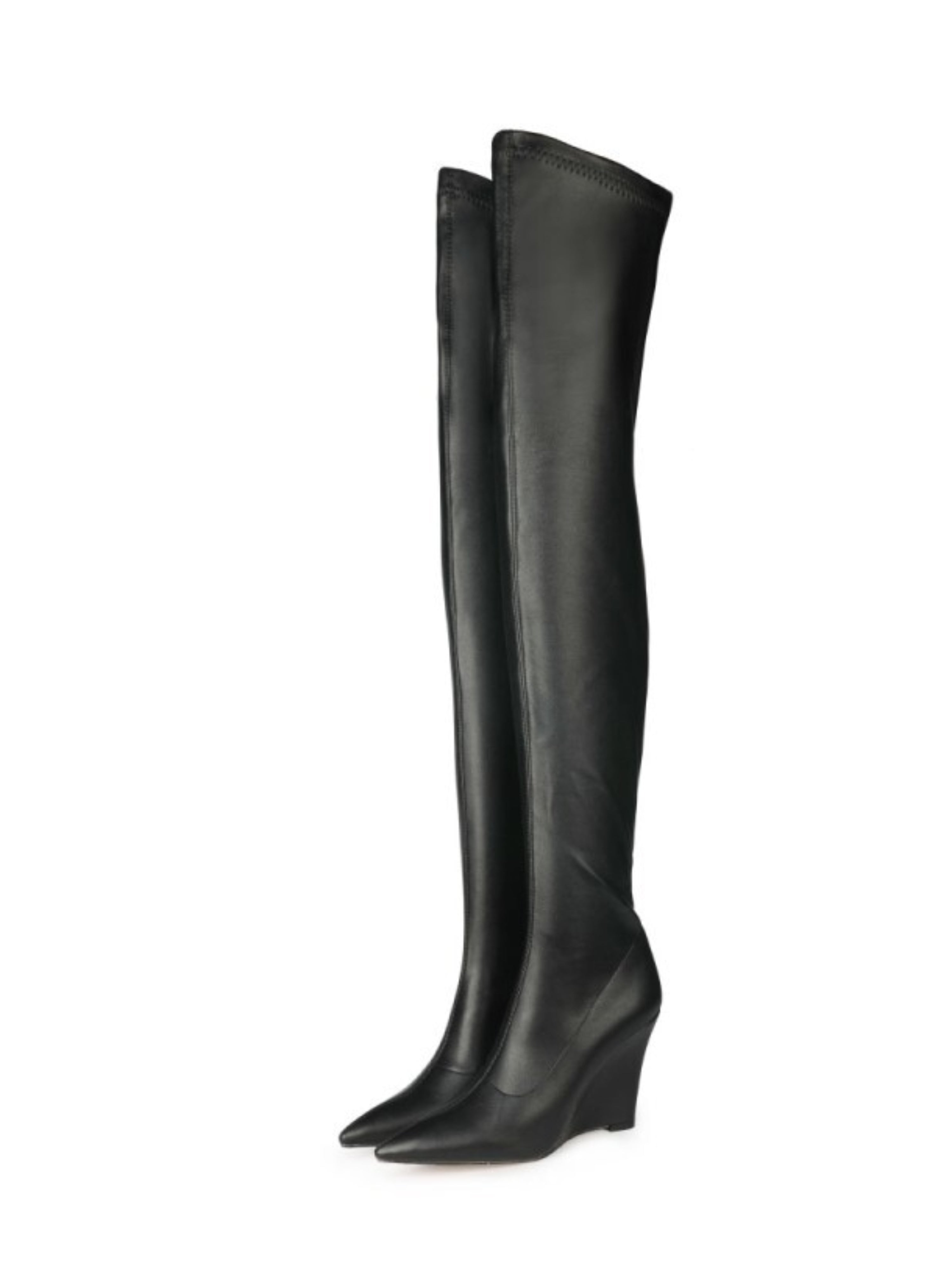 Black Pointed Toe Wedge Thigh-High Boots