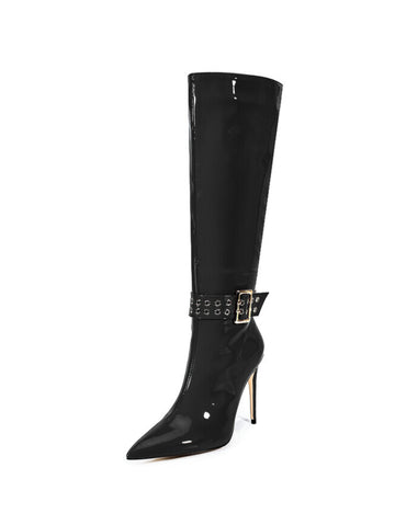Classic Black Pointed Toe Long Boots with Stiletto Heels