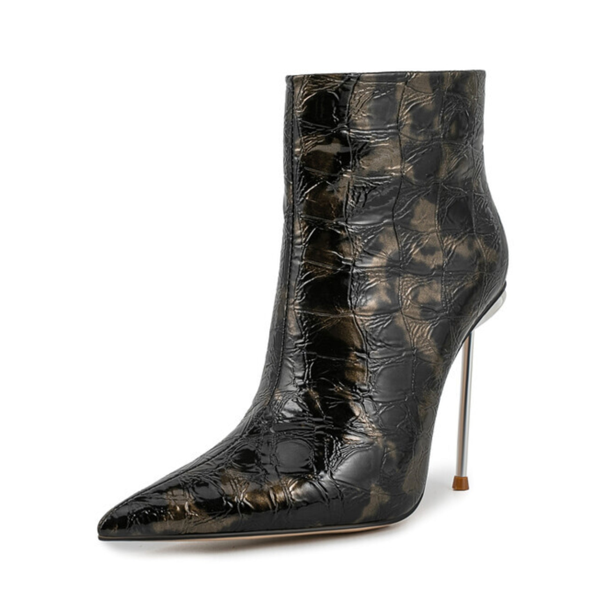 Black Embossed Faux Leather Stiletto Short Boots