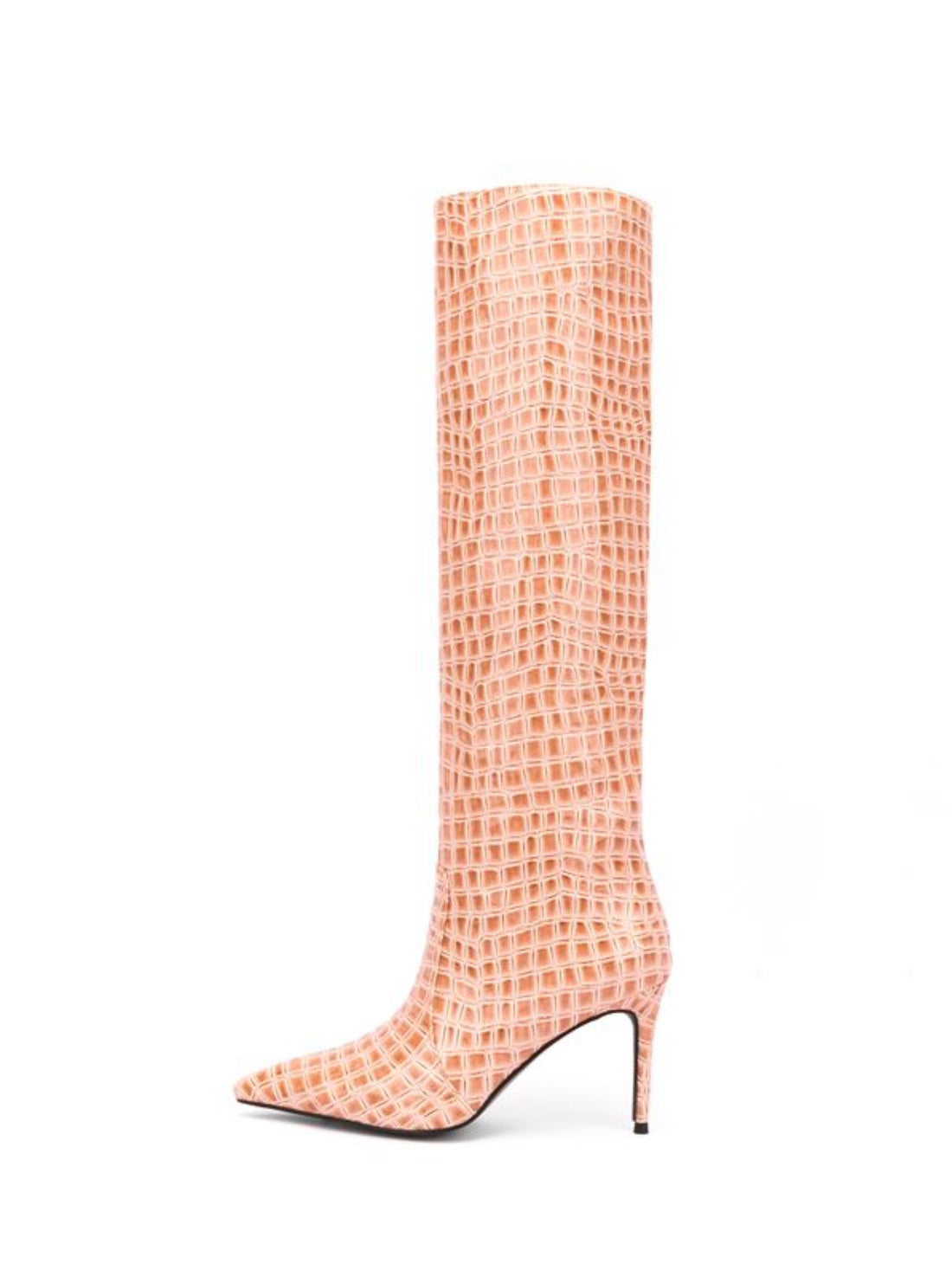 Orange Croc-Embossed Pointed Toe Mid-Calf Boots