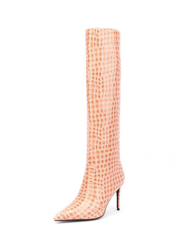 Orange Croc-Embossed Pointed Toe Mid-Calf Boots
