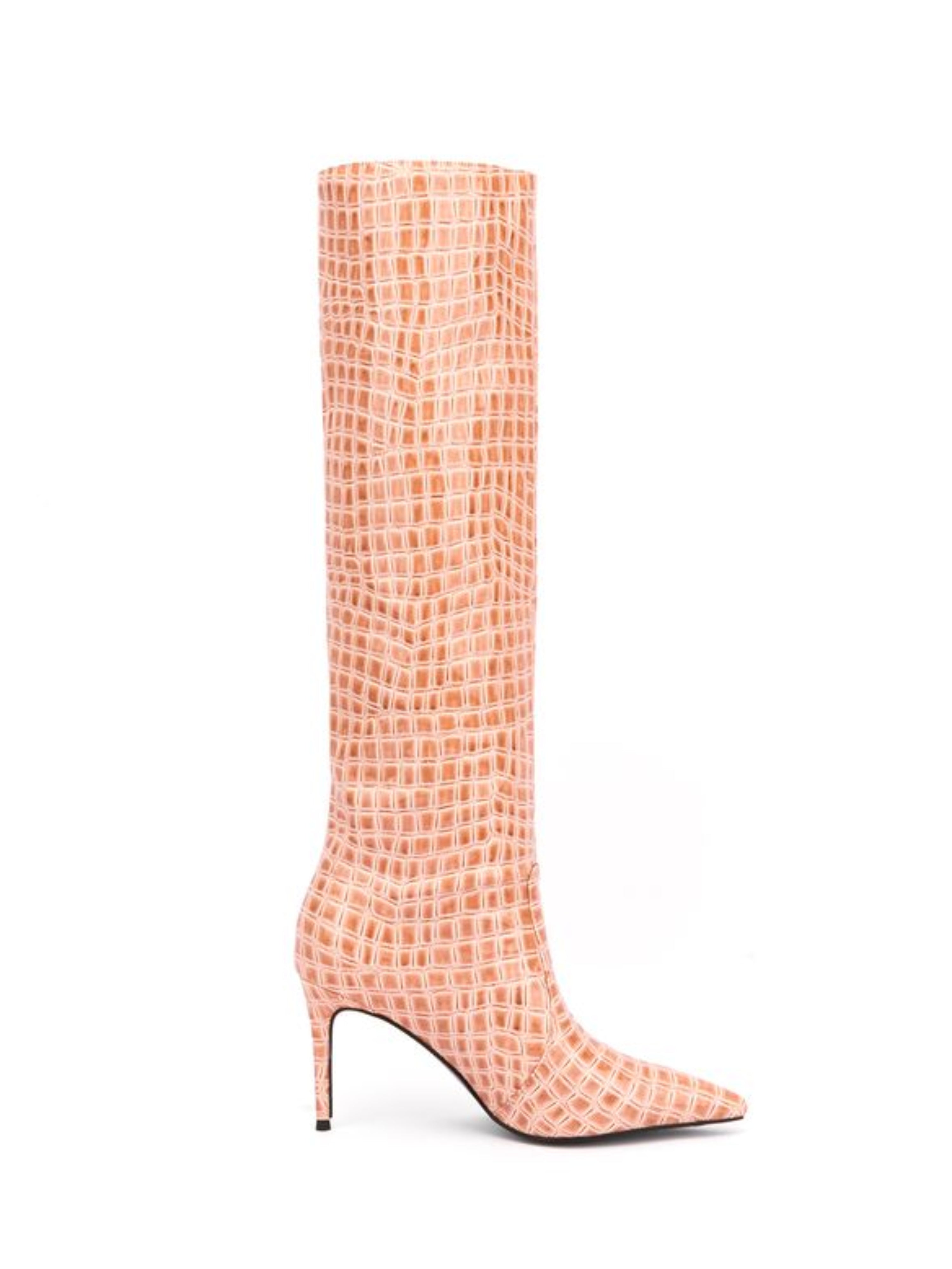 Orange Croc-Embossed Pointed Toe Mid-Calf Boots
