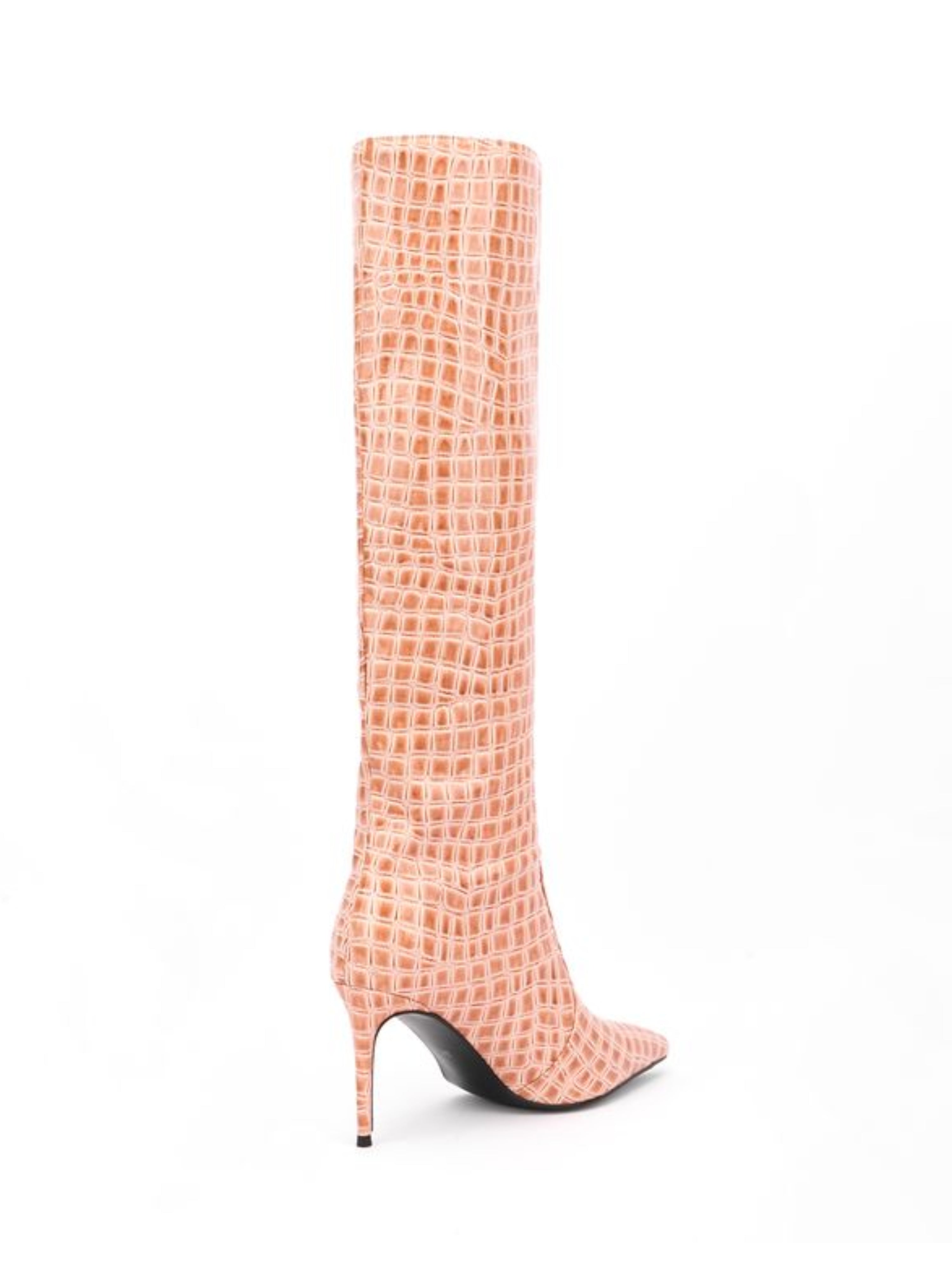 Orange Croc-Embossed Pointed Toe Mid-Calf Boots