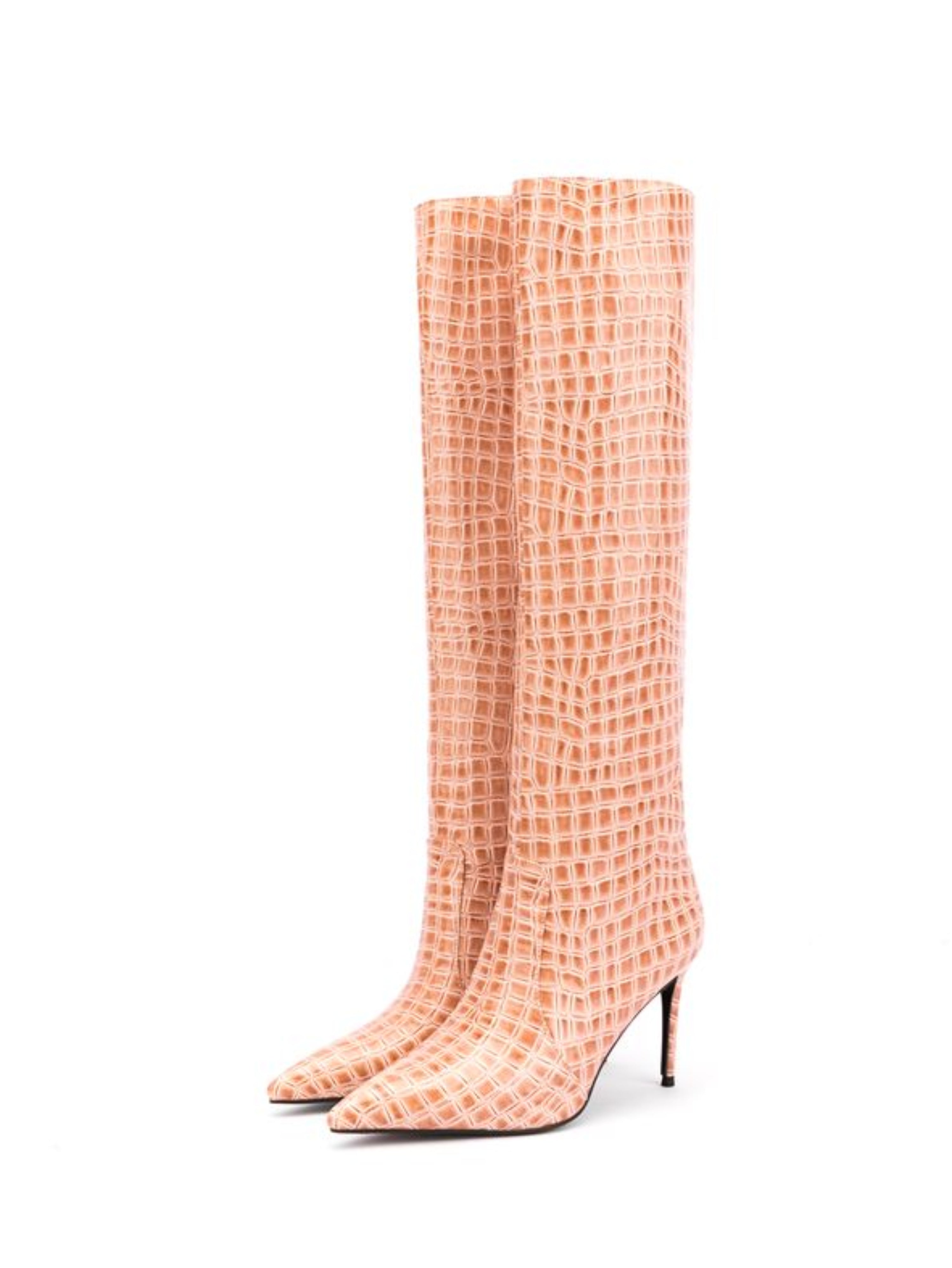 Orange Croc-Embossed Pointed Toe Mid-Calf Boots