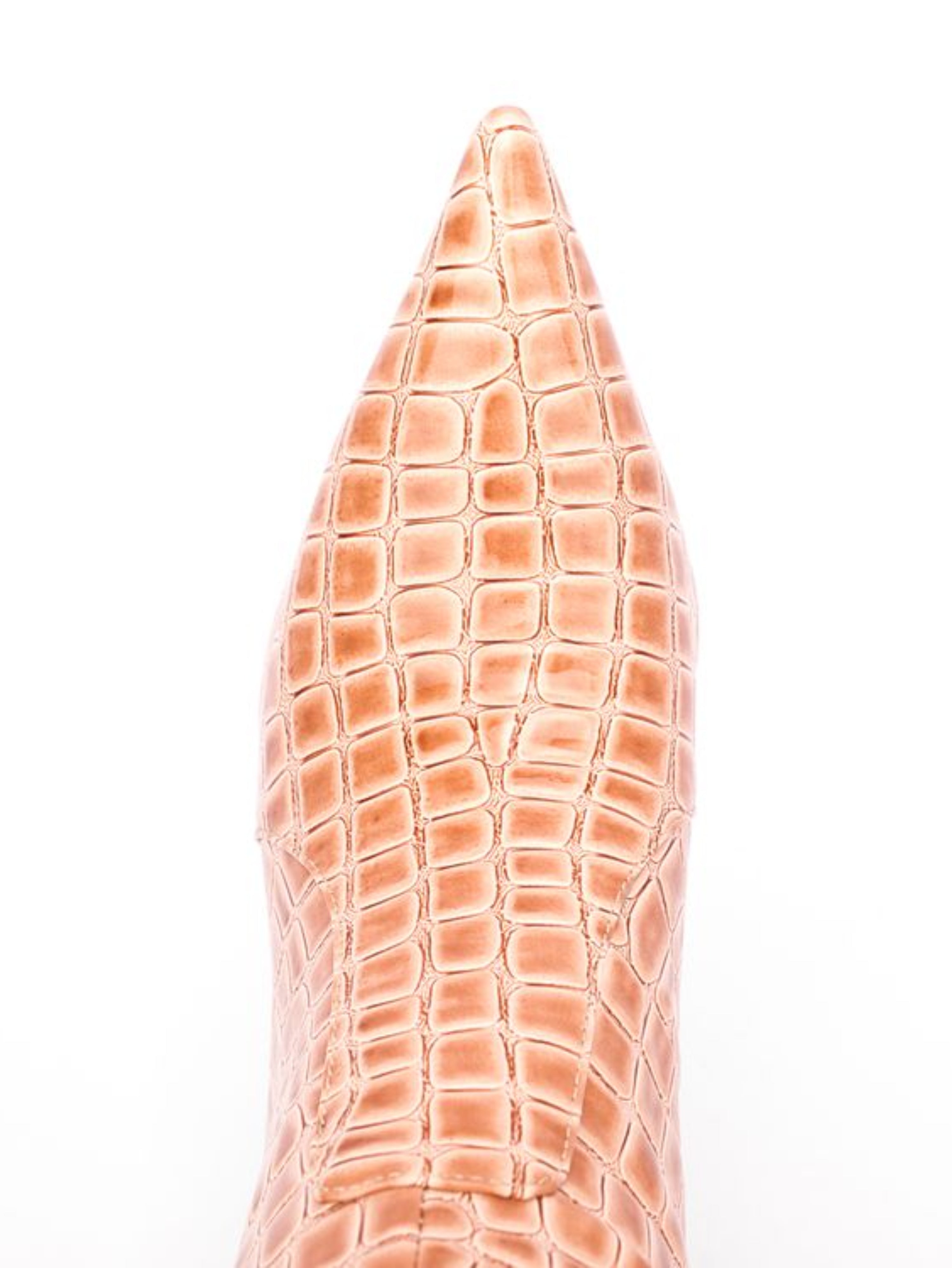 Orange Croc-Embossed Pointed Toe Mid-Calf Boots