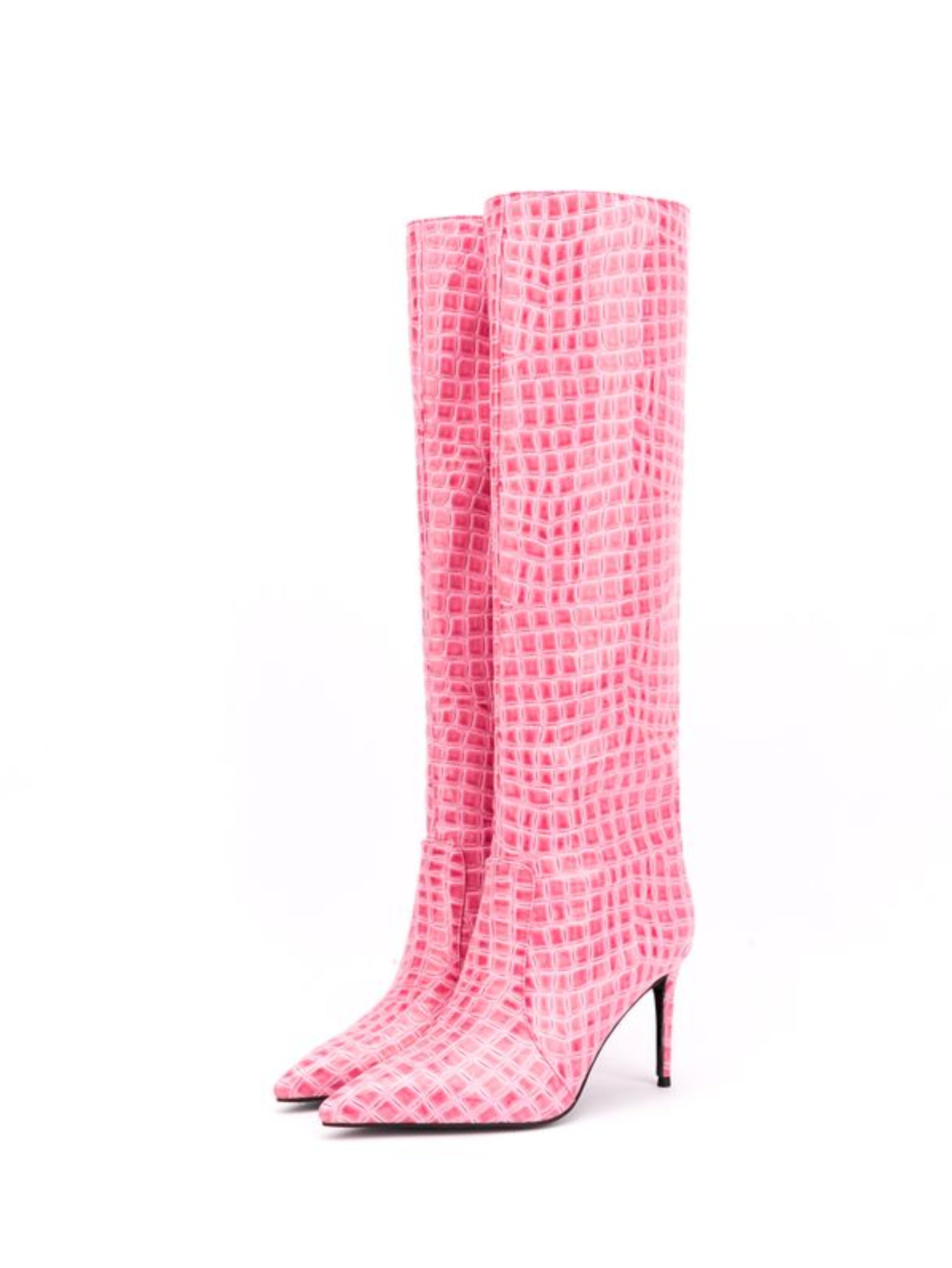 Cute Pink High-Heel Mid-Calf Pointed Toe Fashion Boots