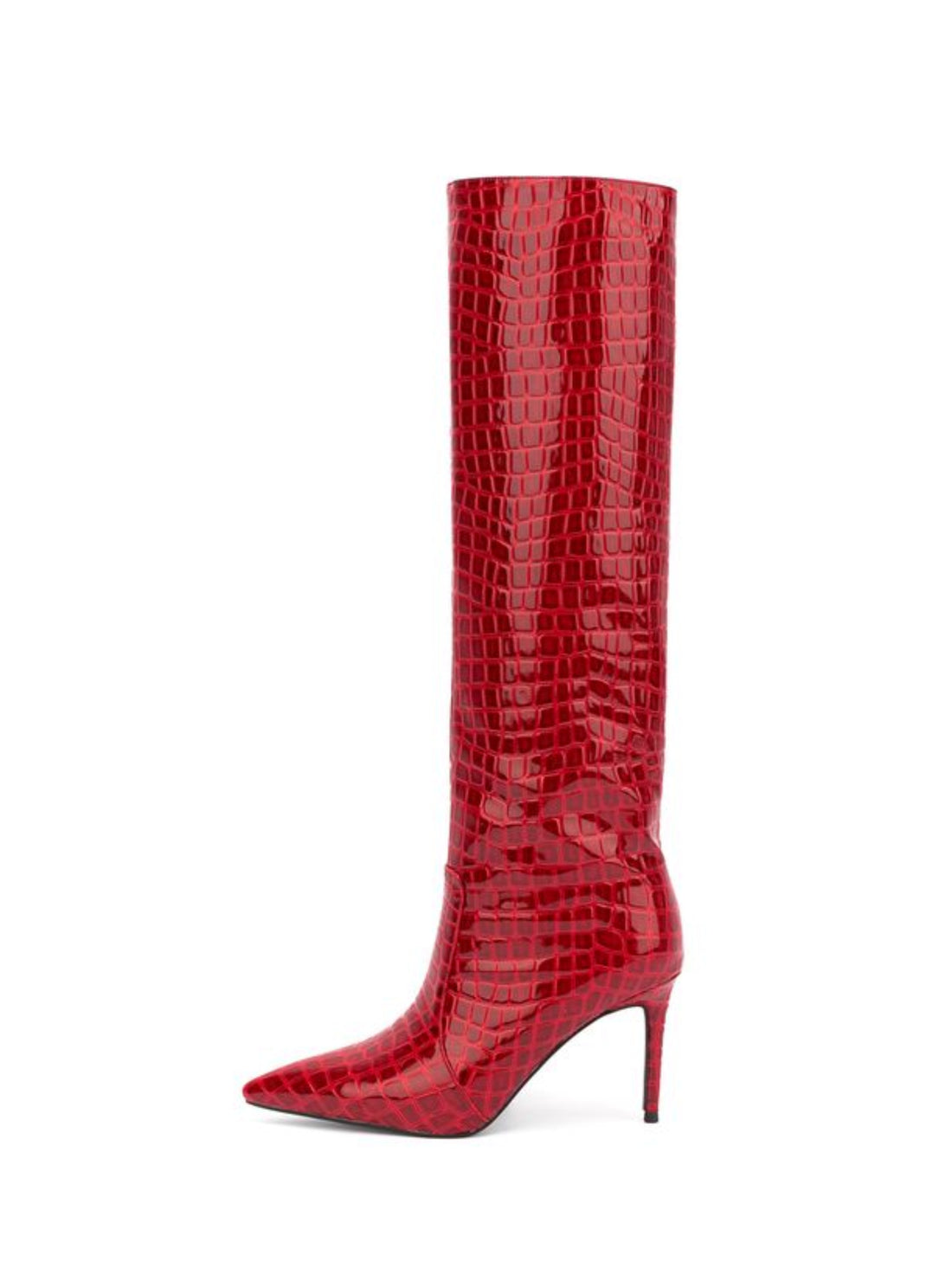 Red High Heeled Mid-Calf Pointed Toe Boots for Women