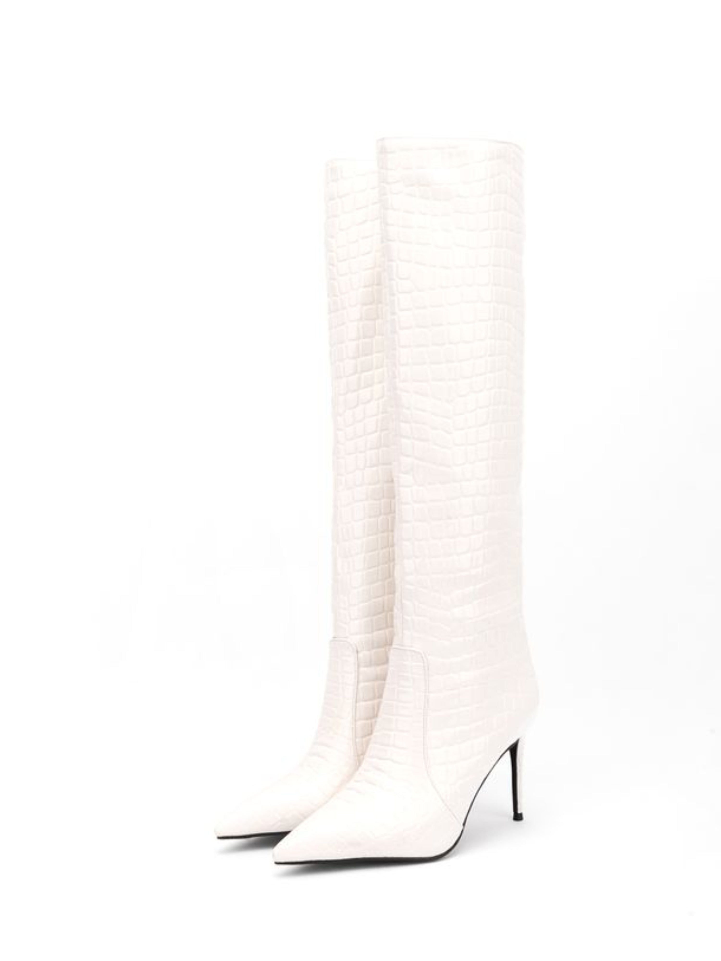 White High-Heel Stiletto Mid-Calf Boots for Women