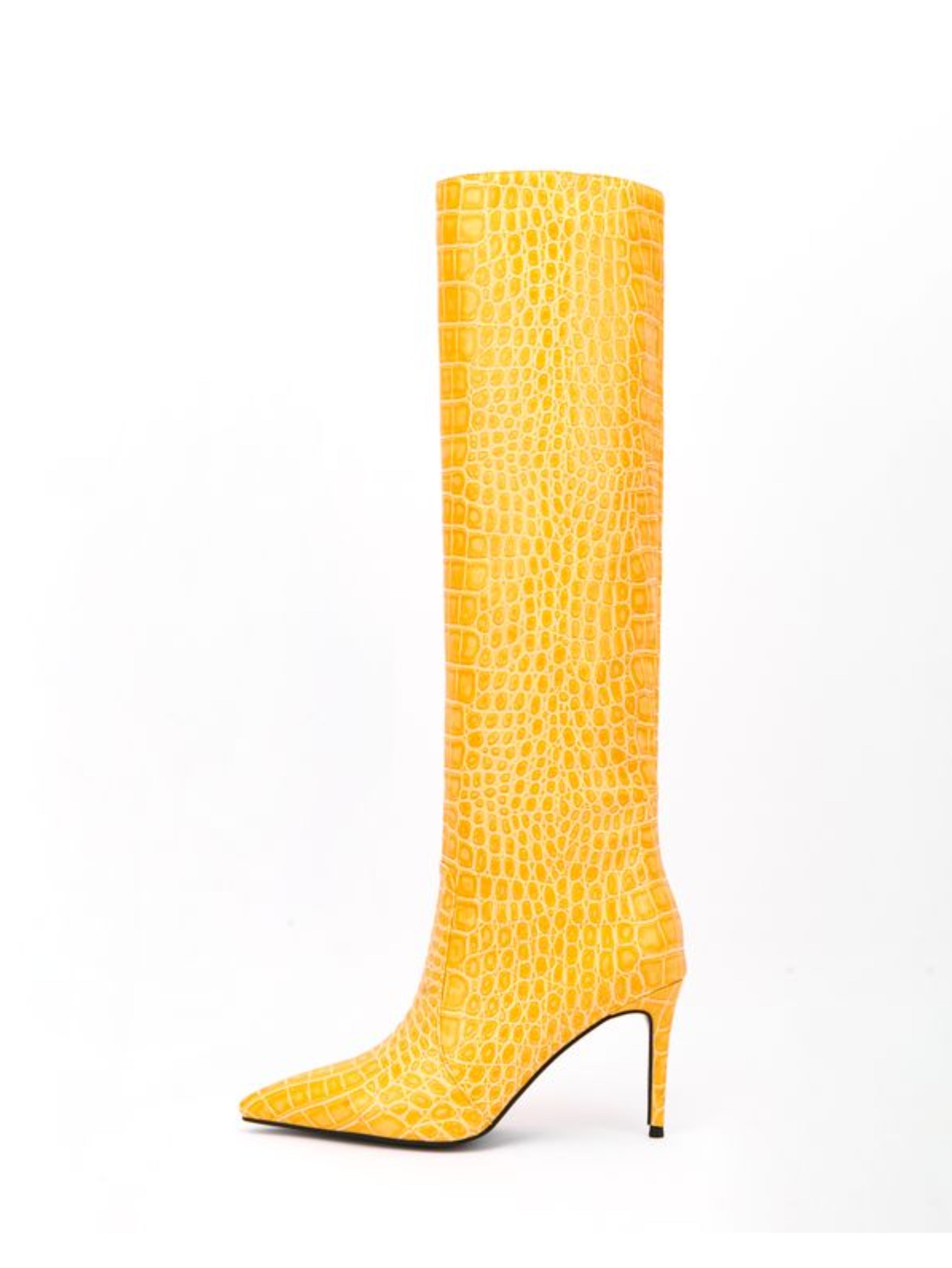 Classic Pointed Toe Mid-Calf Yellow High Heeled Tall Boots