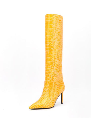 Classic Pointed Toe Mid-Calf Yellow High Heeled Tall Boots