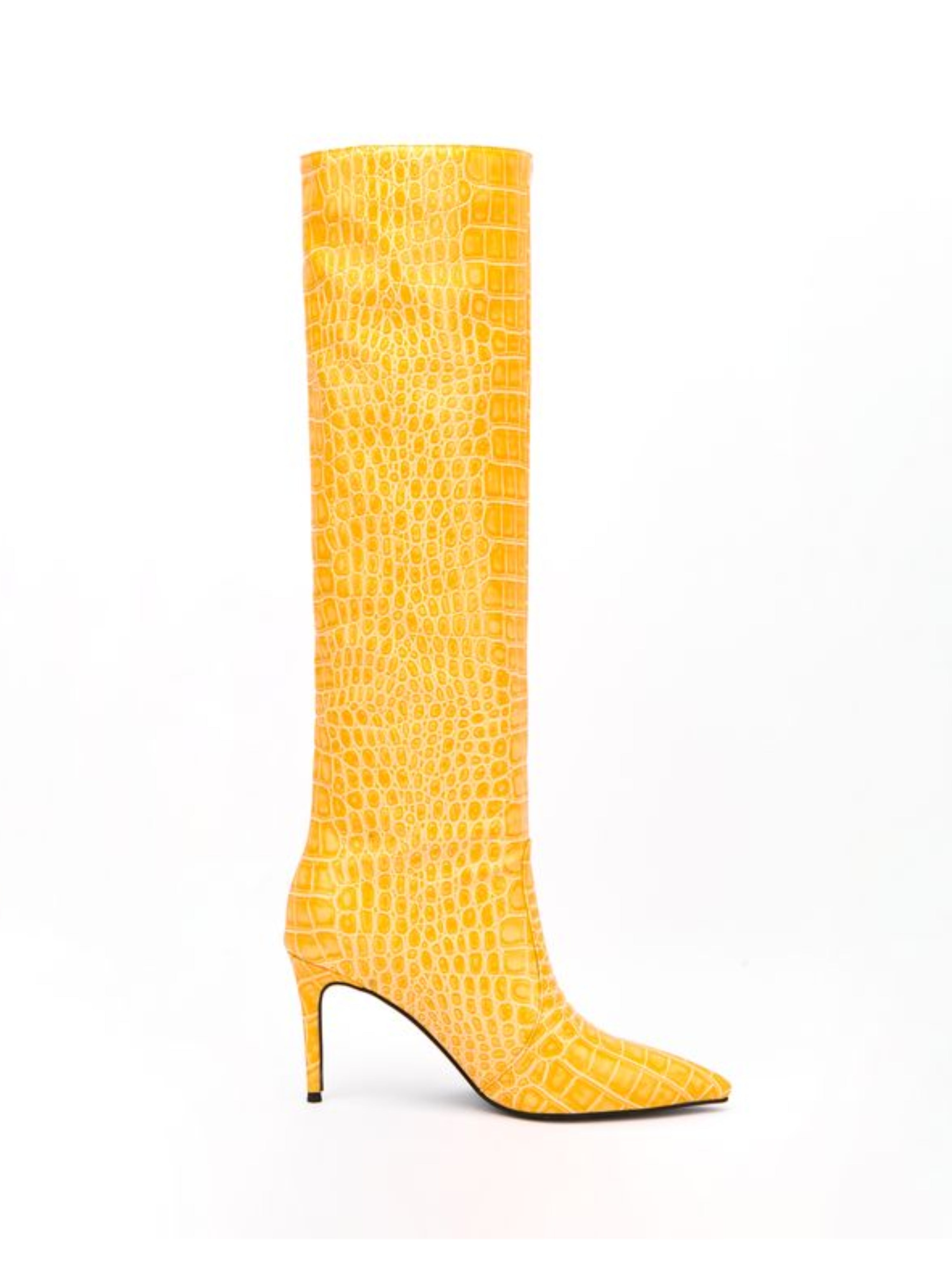 Classic Pointed Toe Mid-Calf Yellow High Heeled Tall Boots