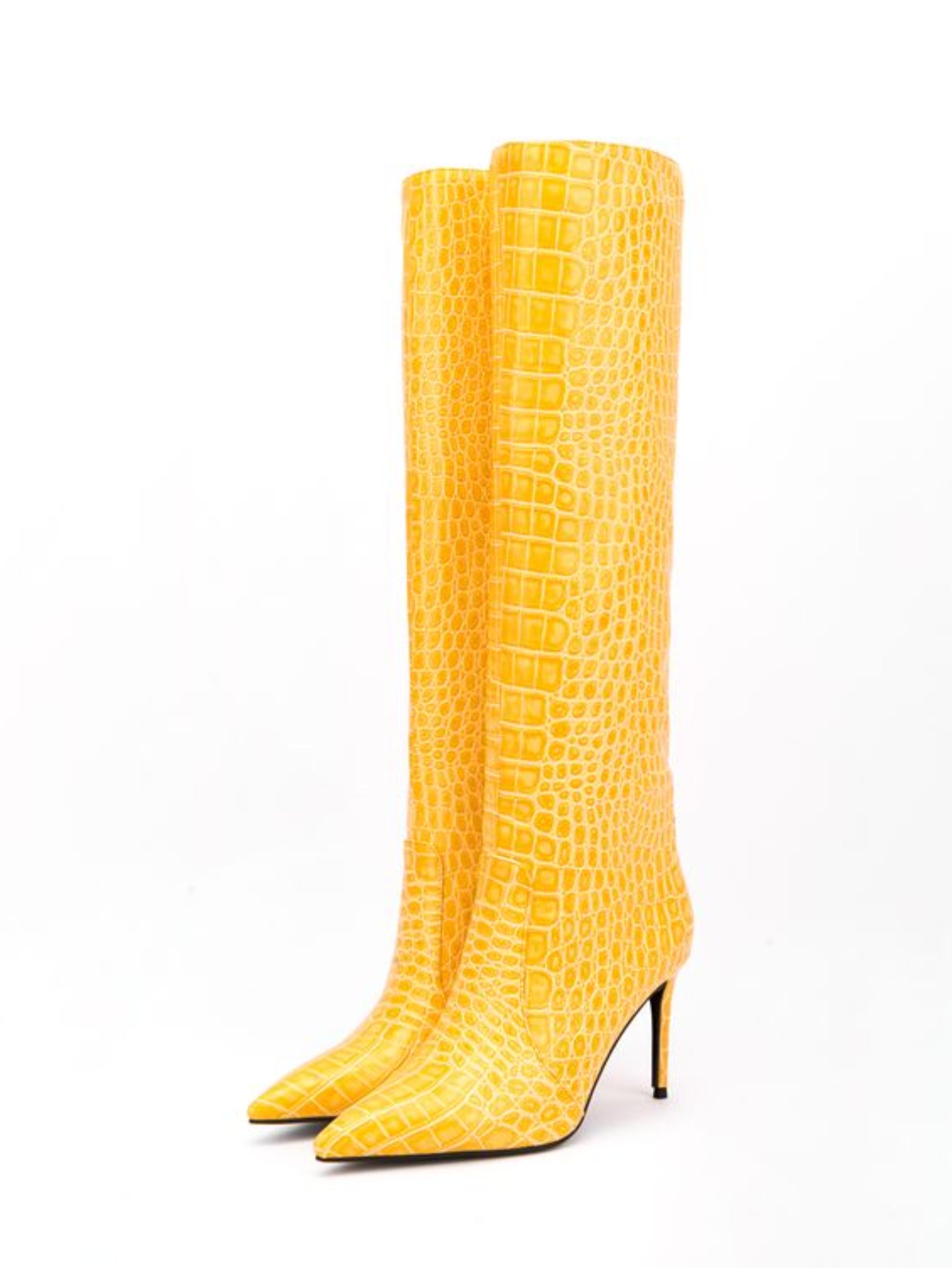 Classic Pointed Toe Mid-Calf Yellow High Heeled Tall Boots