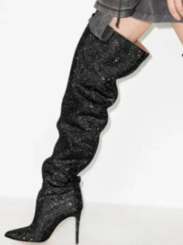 Black Slouchy Pointed Toe Thigh-High Boots with Stiletto Heels