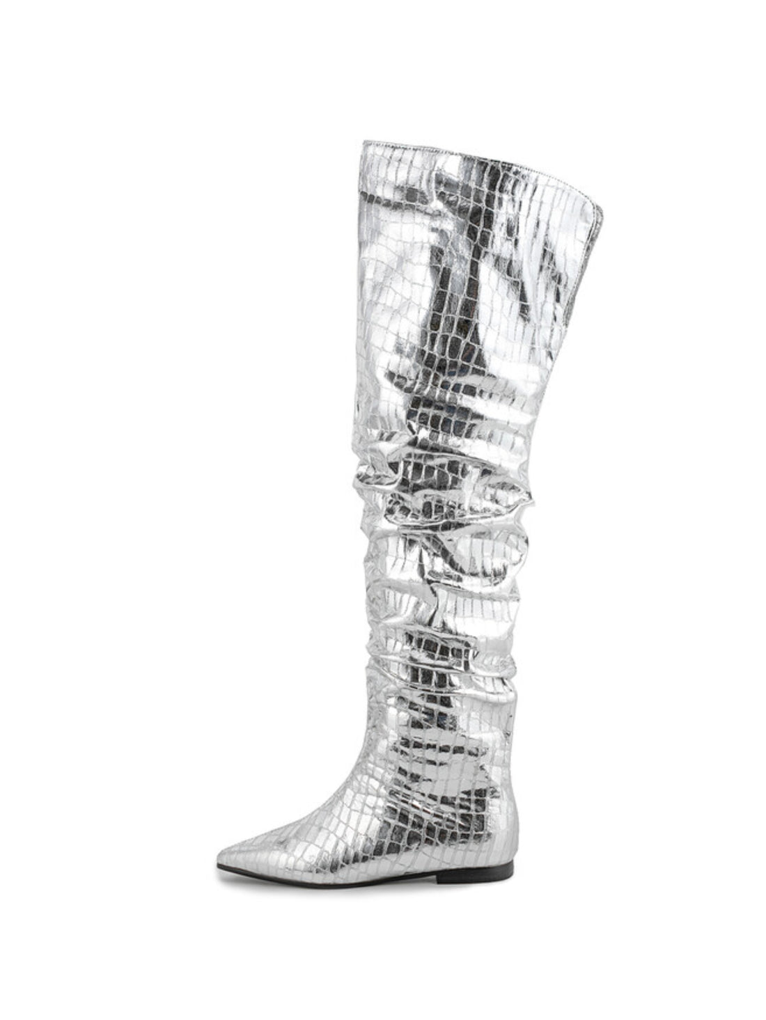 Silver Embossed Slouchy Flat Over-The-Knee Boots Women