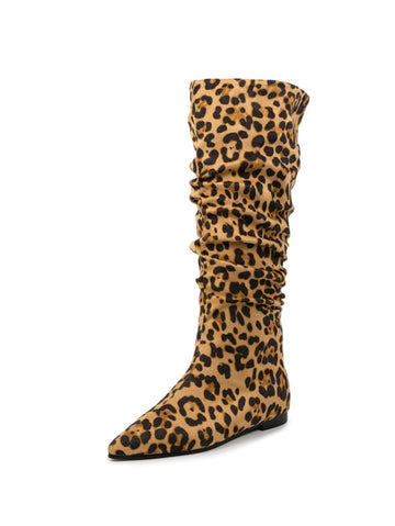 Brown Leopard Print Slouchy Long Boots for Women
