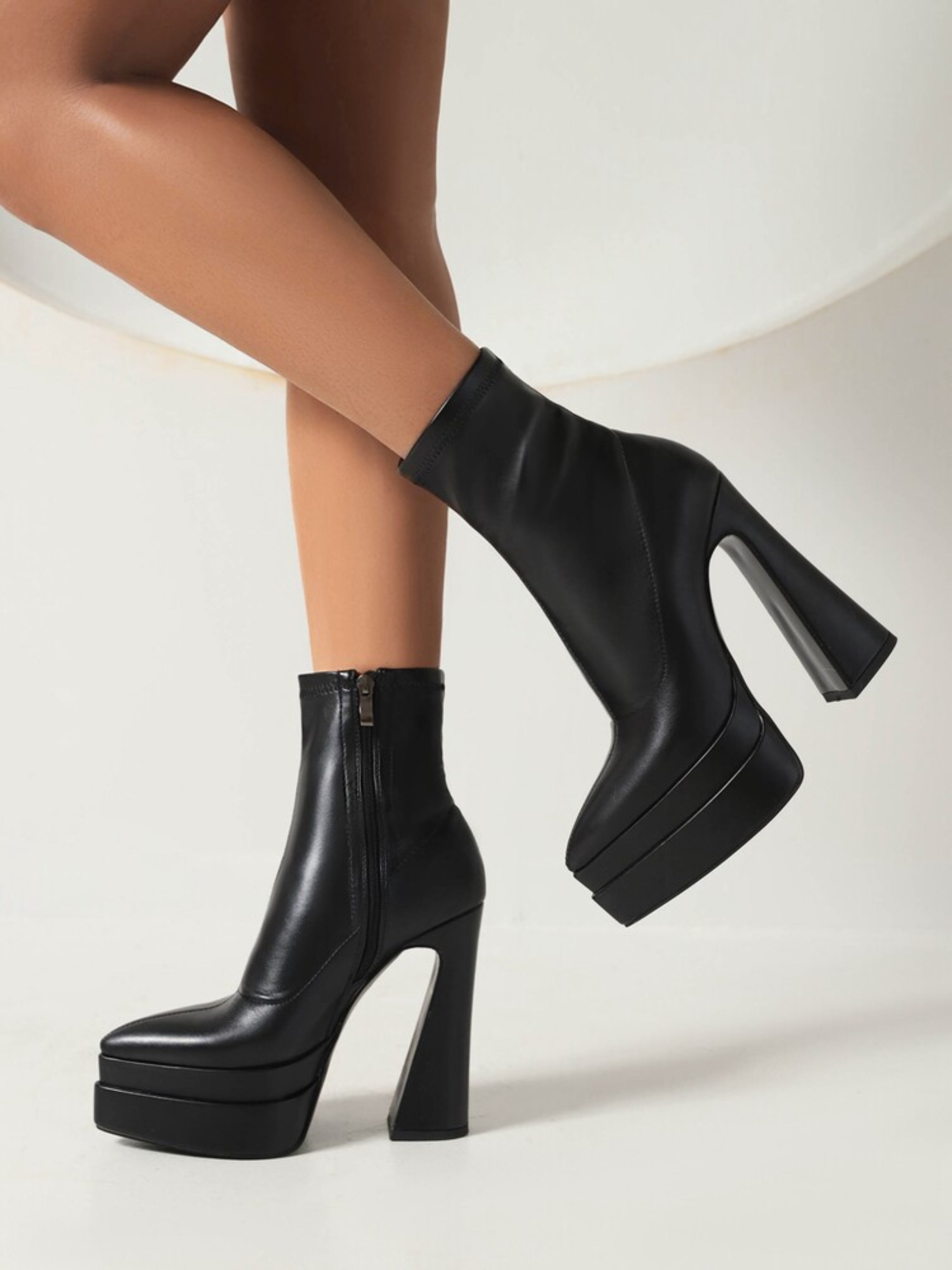 Black Pointed Toe High Heeled Ankle Short Booties with Platfrom