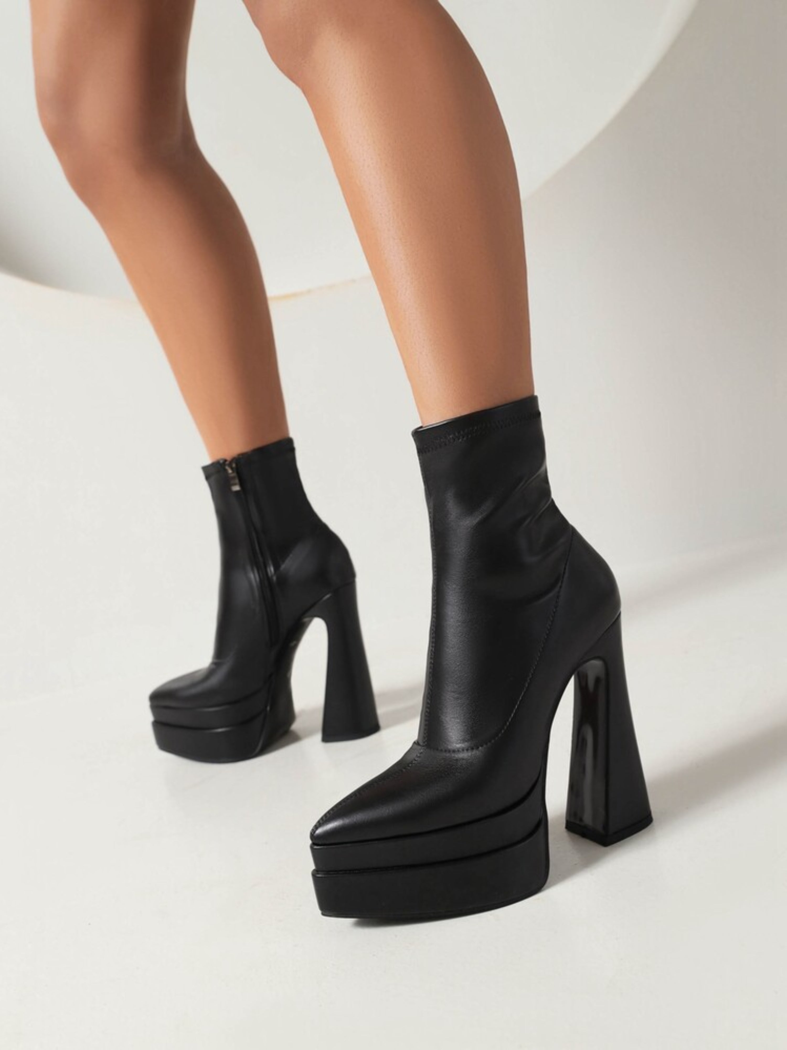 Black Pointed Toe High Heeled Ankle Short Booties with Platfrom