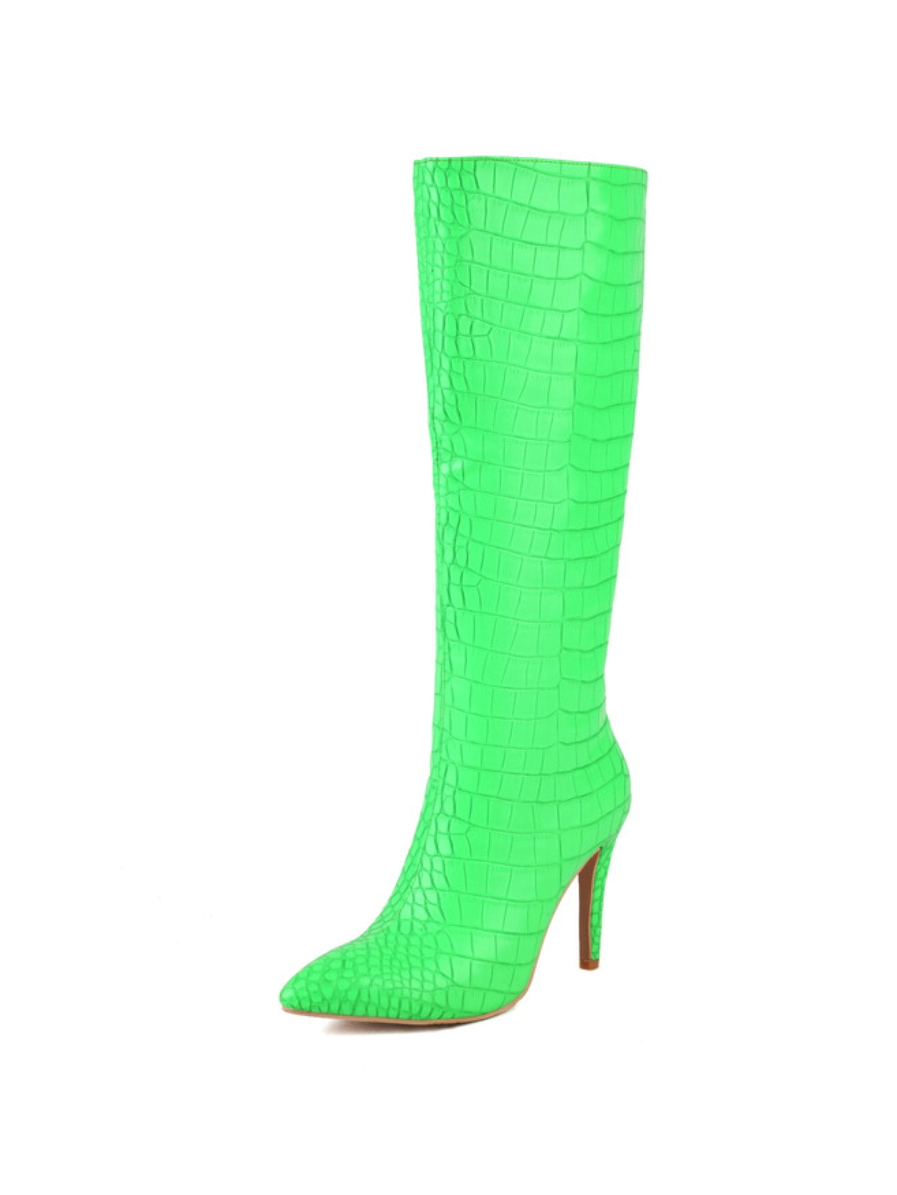 Green Croc-Embossed Knee-High Boots Women