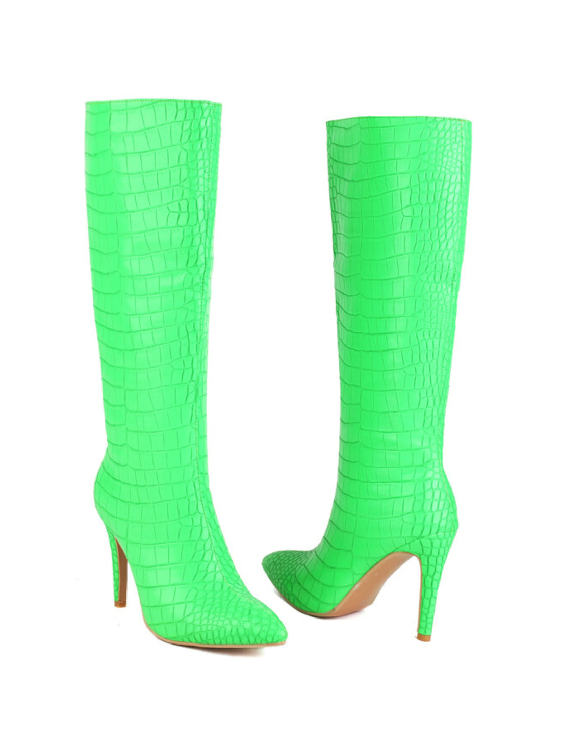 Green Croc-Embossed Knee-High Boots Women