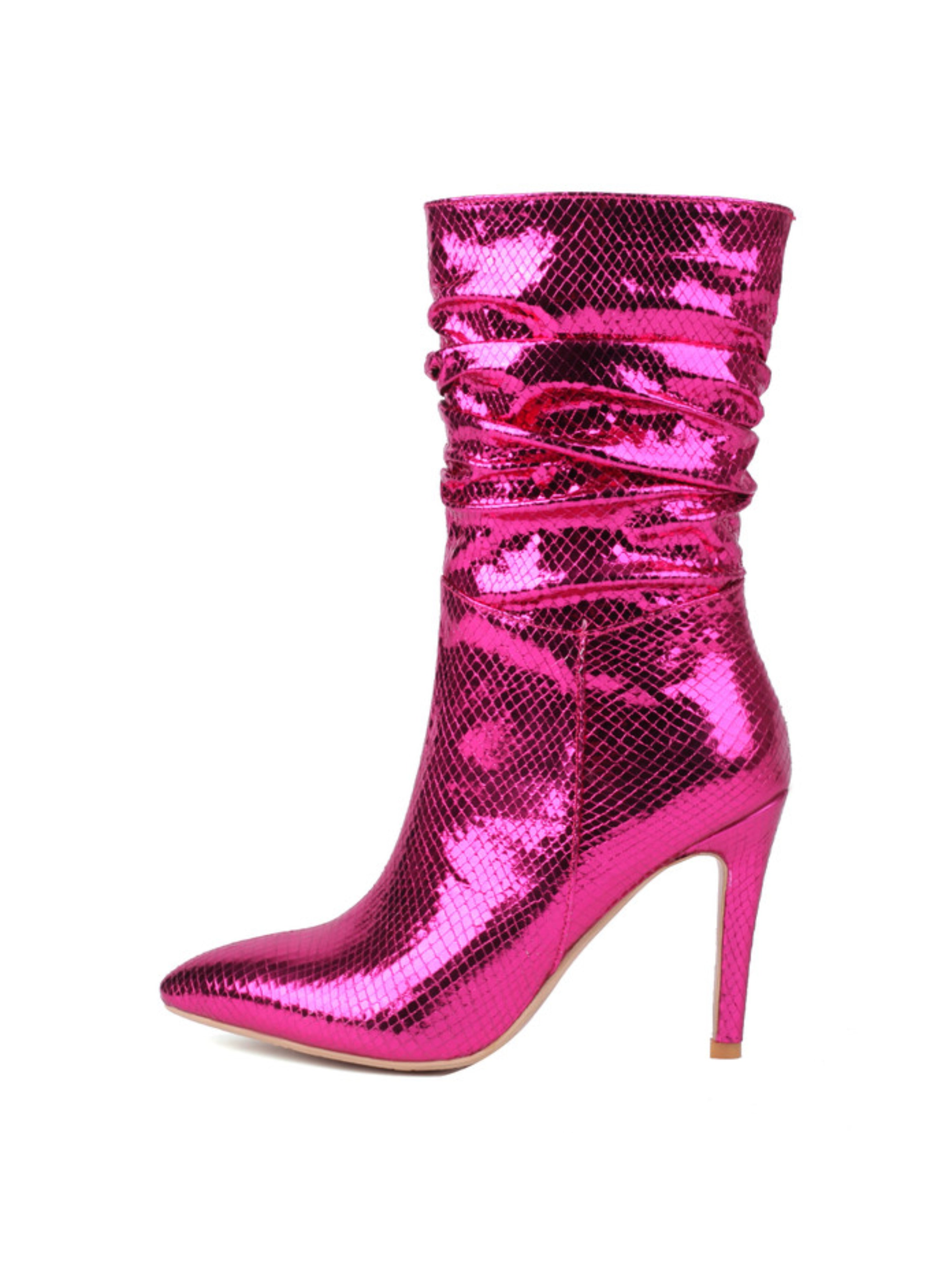 Metallic Fuchsia High-Heel Ankle Boots for Women