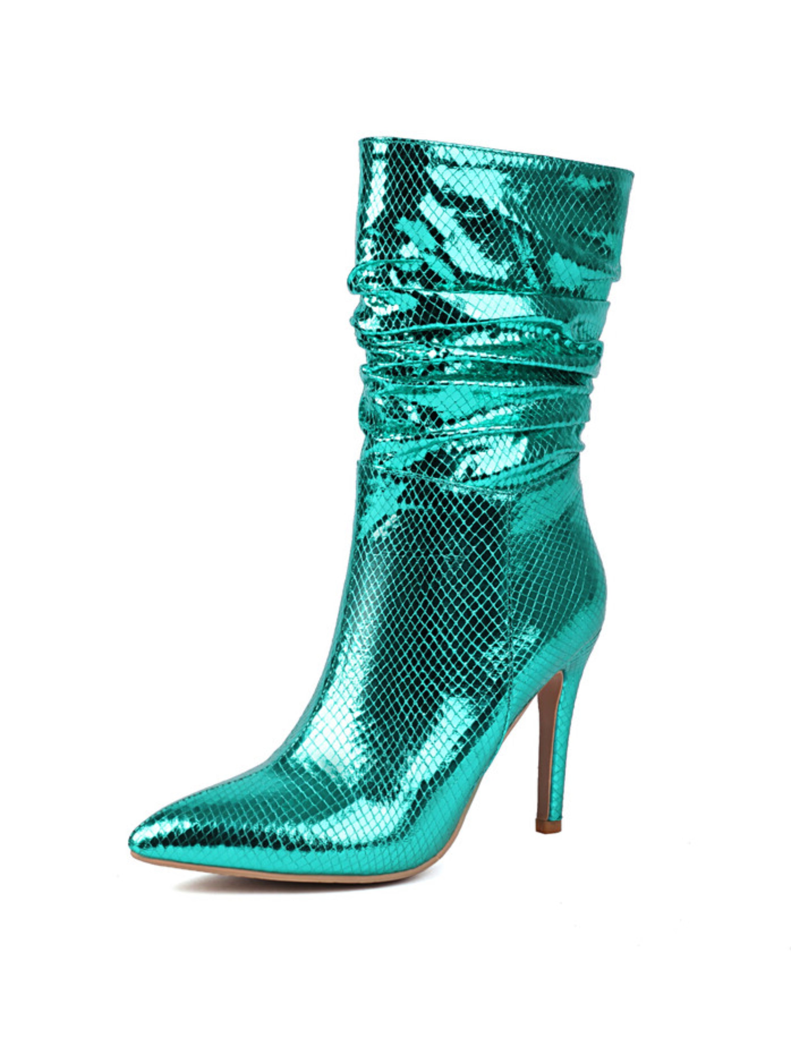 Teal Metallic Pointed Toe Short Booties for Women