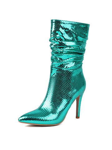 Teal Metallic Pointed Toe Short Booties for Women