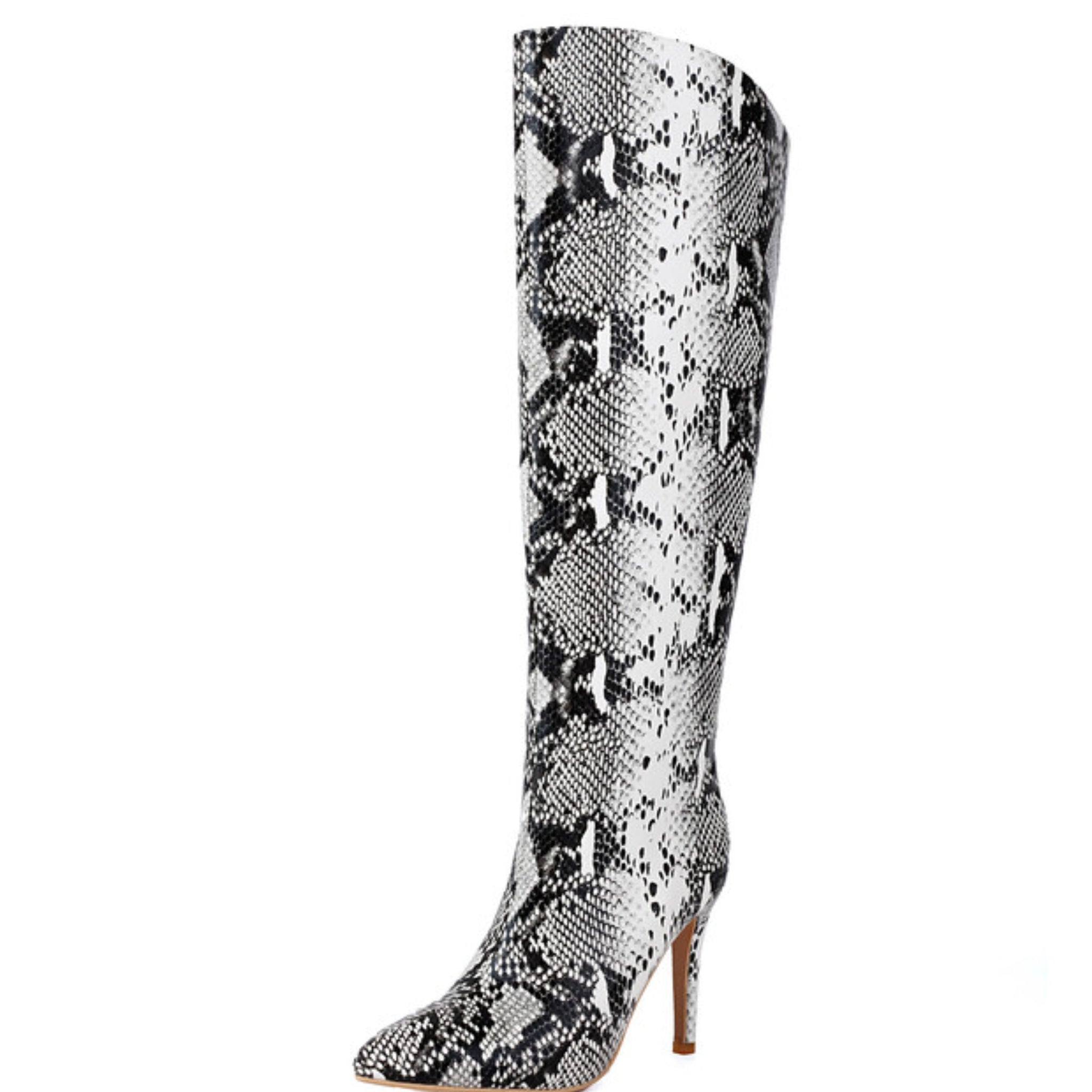 Black and White Python Pattern Stilettos Knee High Boots Women